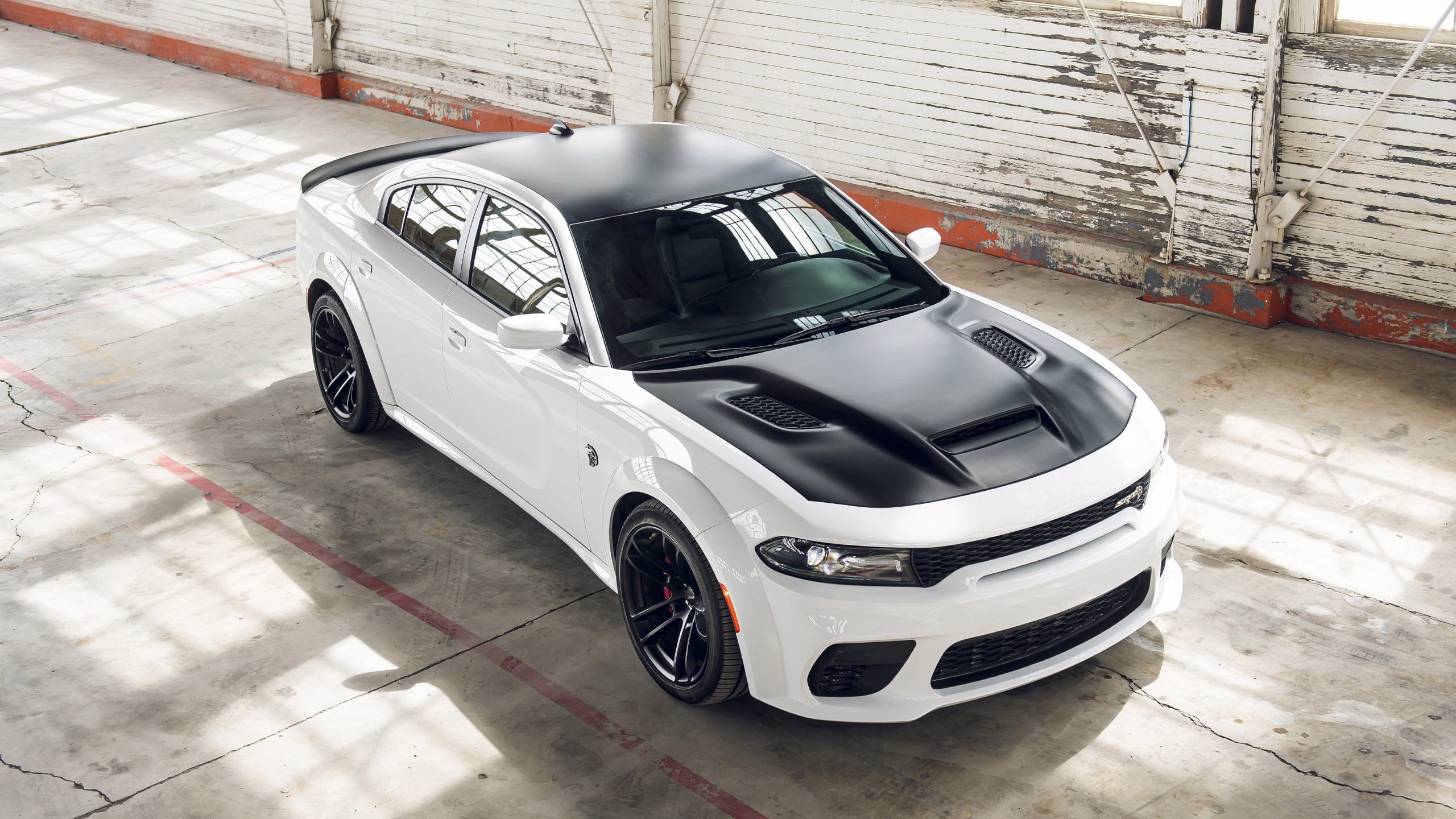 Dodge Charger SRT Hellcat Widebody, industrial warehouse floor, matte black hood, HD Desktop wallpaper