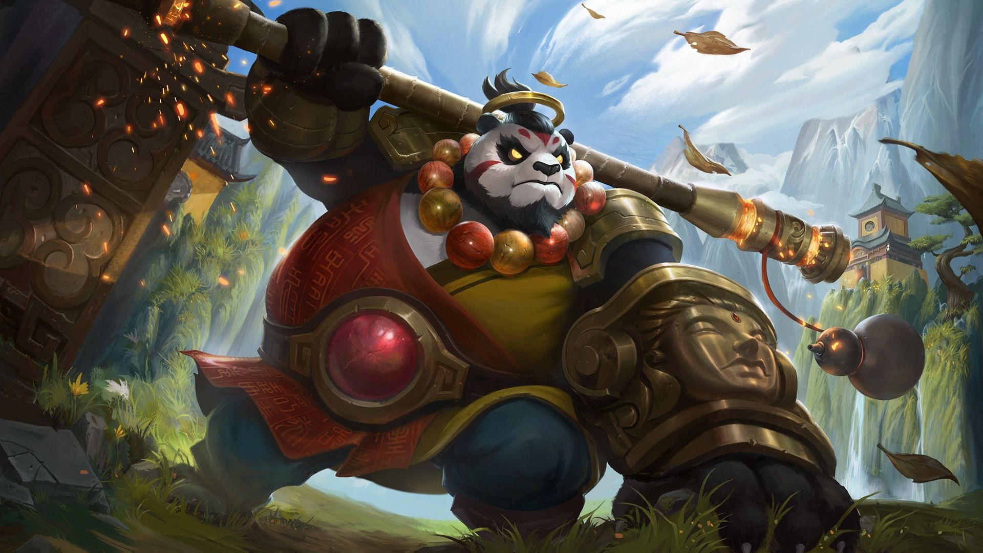 Akai Monk skin, Mobile Legends Bang Bang, mountain pagoda landscape, Full HD Desktop wallpaper
