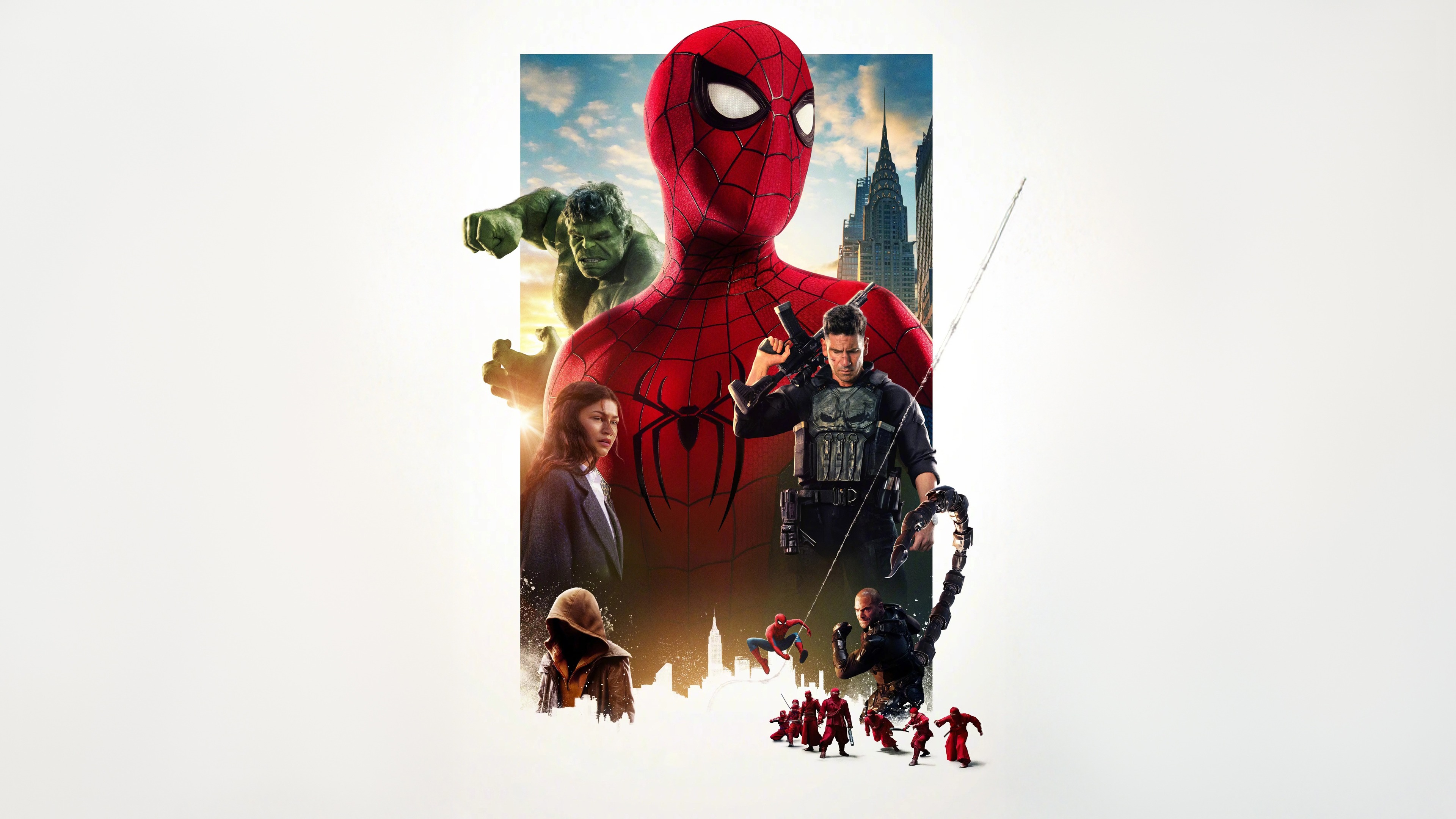 Brand New Day, Scorpion, The Punisher, Hulk, Spider-Man, Central red masked portrait, Distant city skyline, Plain white background, 4K Desktop wallpaper