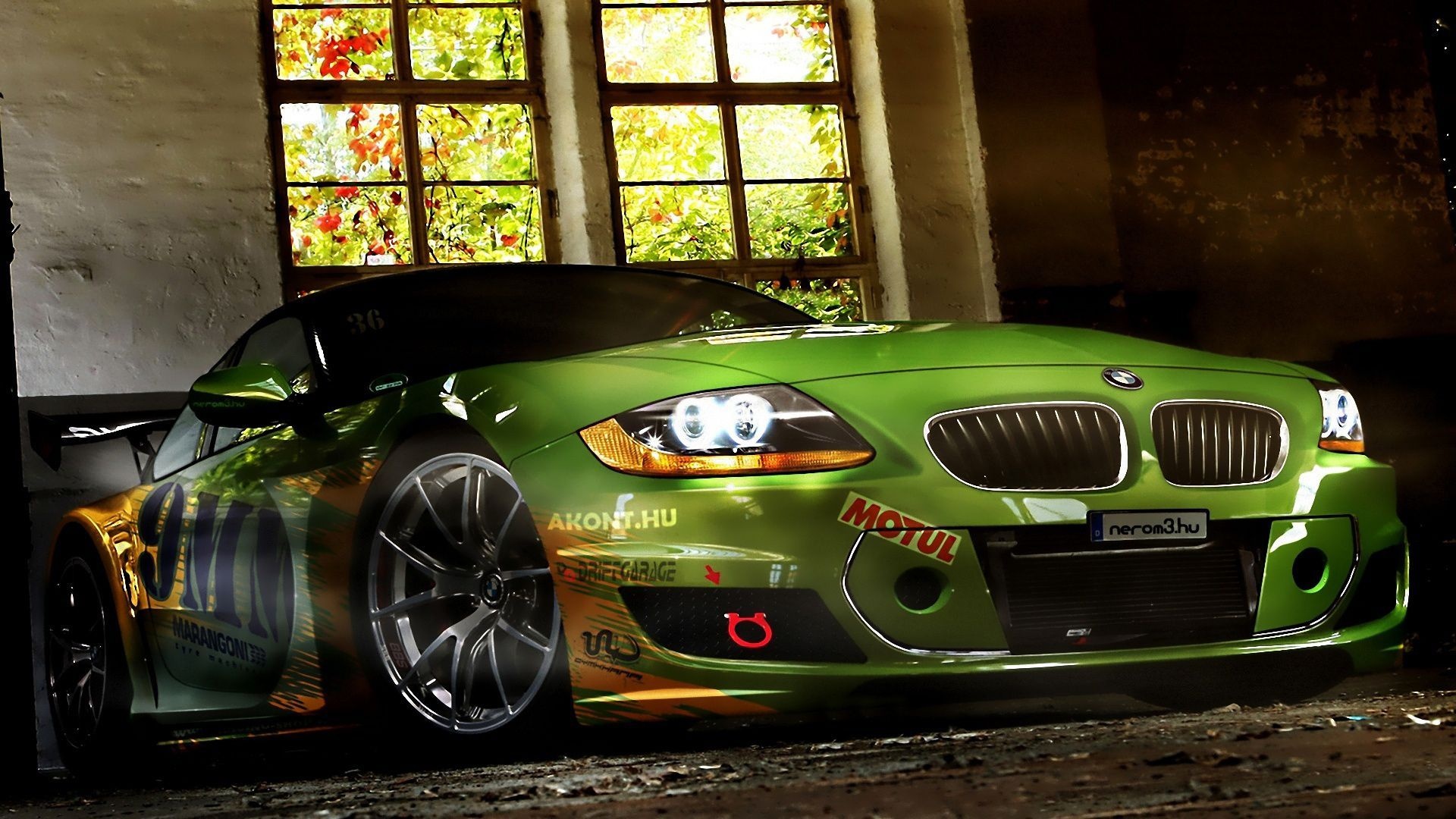 BMW Z4 drift car, bright green racing livery, abandoned warehouse garage, Full HD Desktop wallpaper