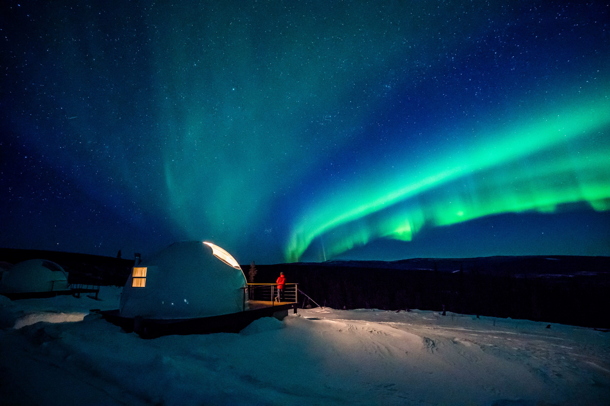 Borealis Basecamp dome igloo, Green aurora borealis ribbon, Snowy Alaska night landscape, HD Desktop wallpaper