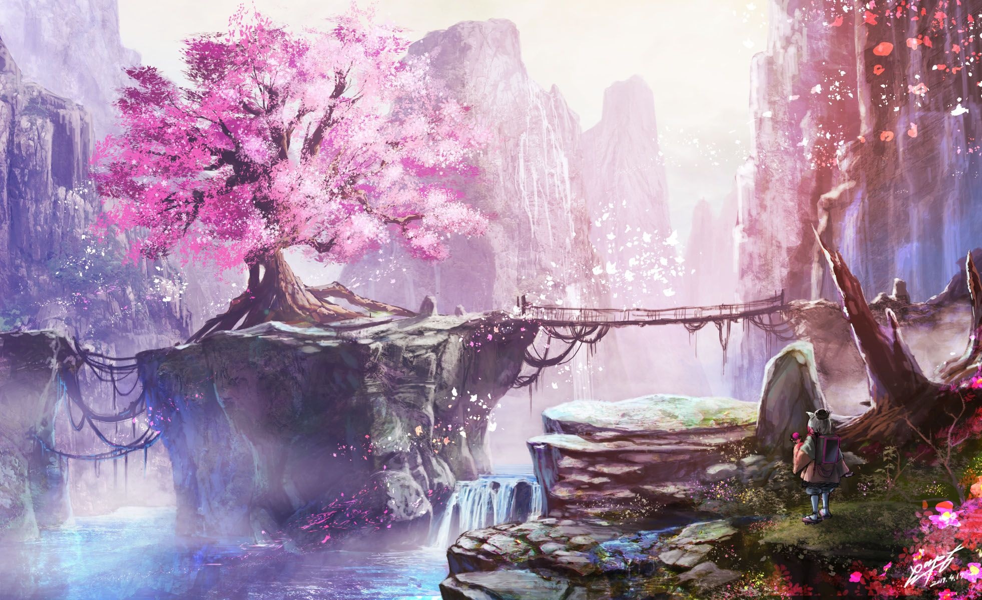 Blooming pink cherry blossom tree, Wooden rope suspension bridge, Misty canyon waterfall landscape, Backpacking fantasy wanderer figure, HD Desktop wallpaper