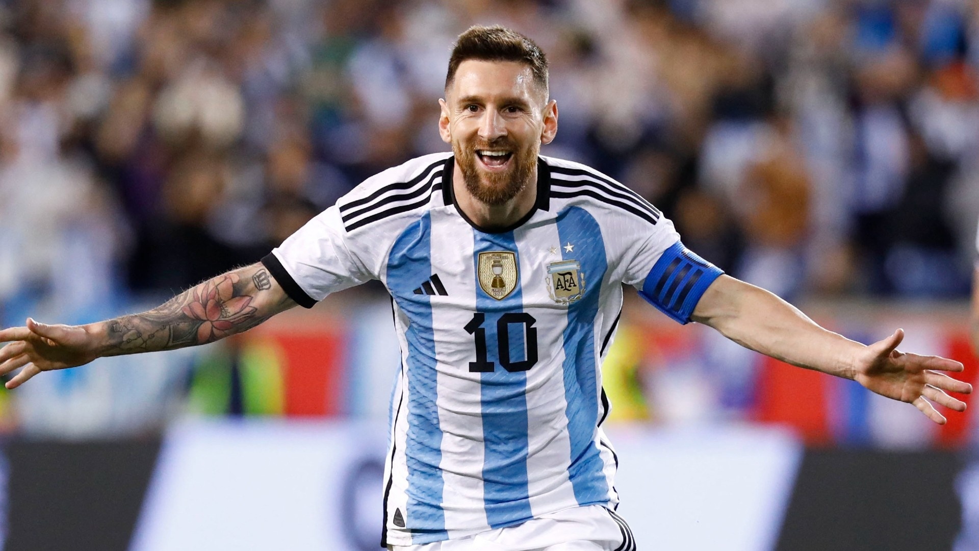 Lionel Messi, Argentina national team jersey, Open arms goal celebration, Full HD Desktop wallpaper