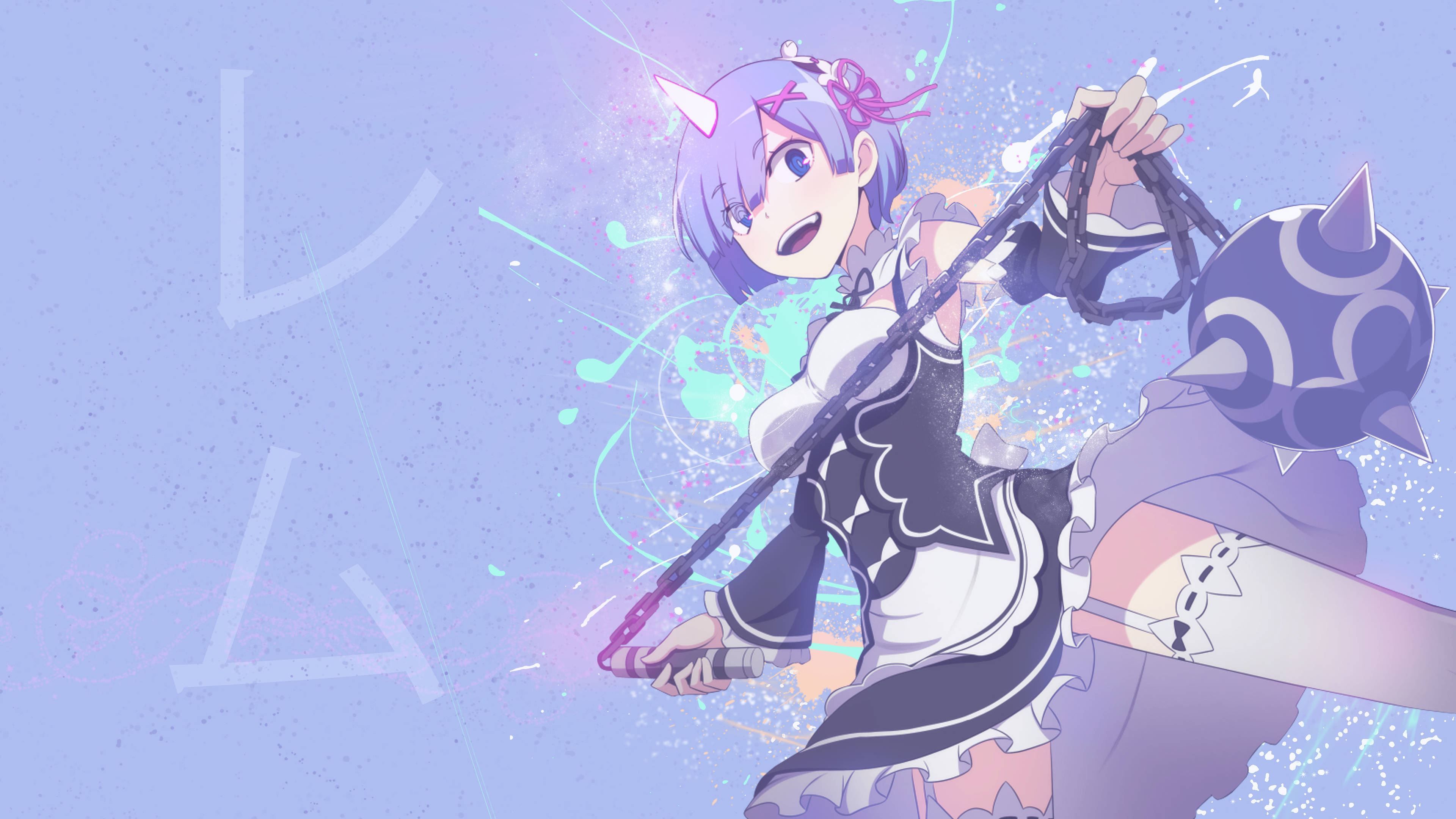 Rem in demon form, Spiked morningstar flail, Re:Zero maid uniform, 4K Desktop wallpaper