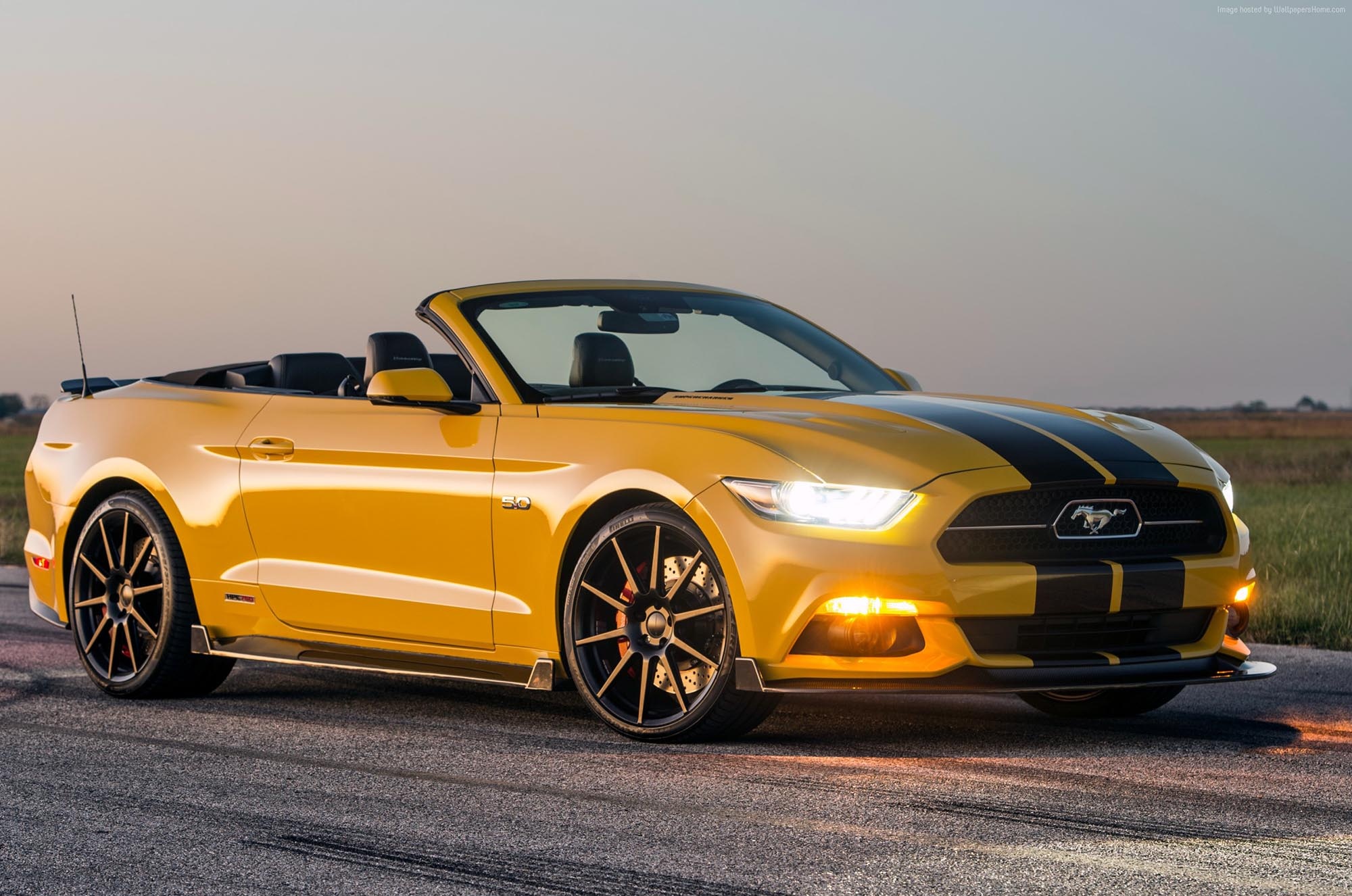 Ford Mustang GT Convertible, Black twin racing stripes, Asphalt test track runway, HD Desktop wallpaper