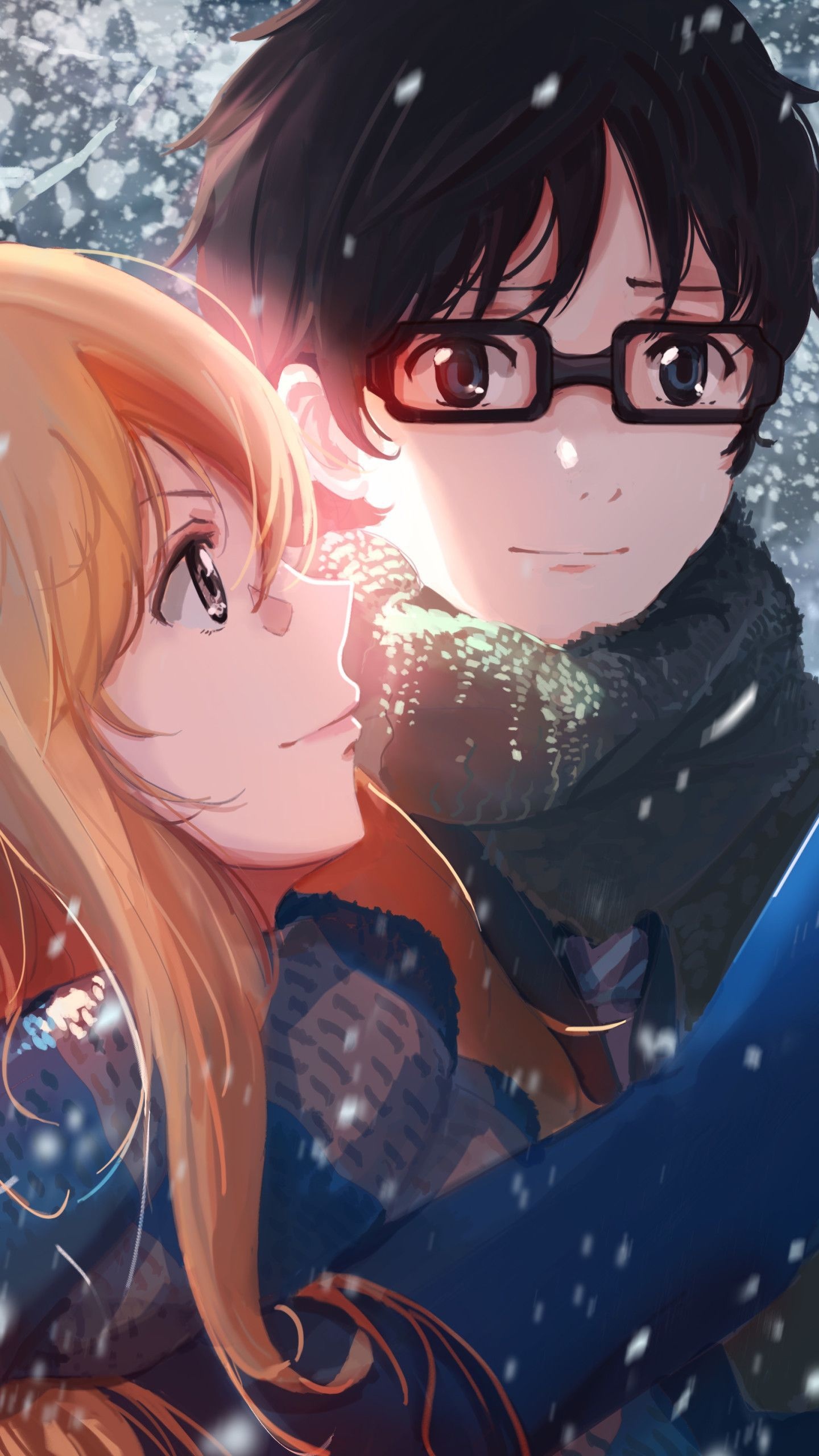 Kousei Arima, Kaori Miyazono, Falling winter snow, HD Phone wallpaper