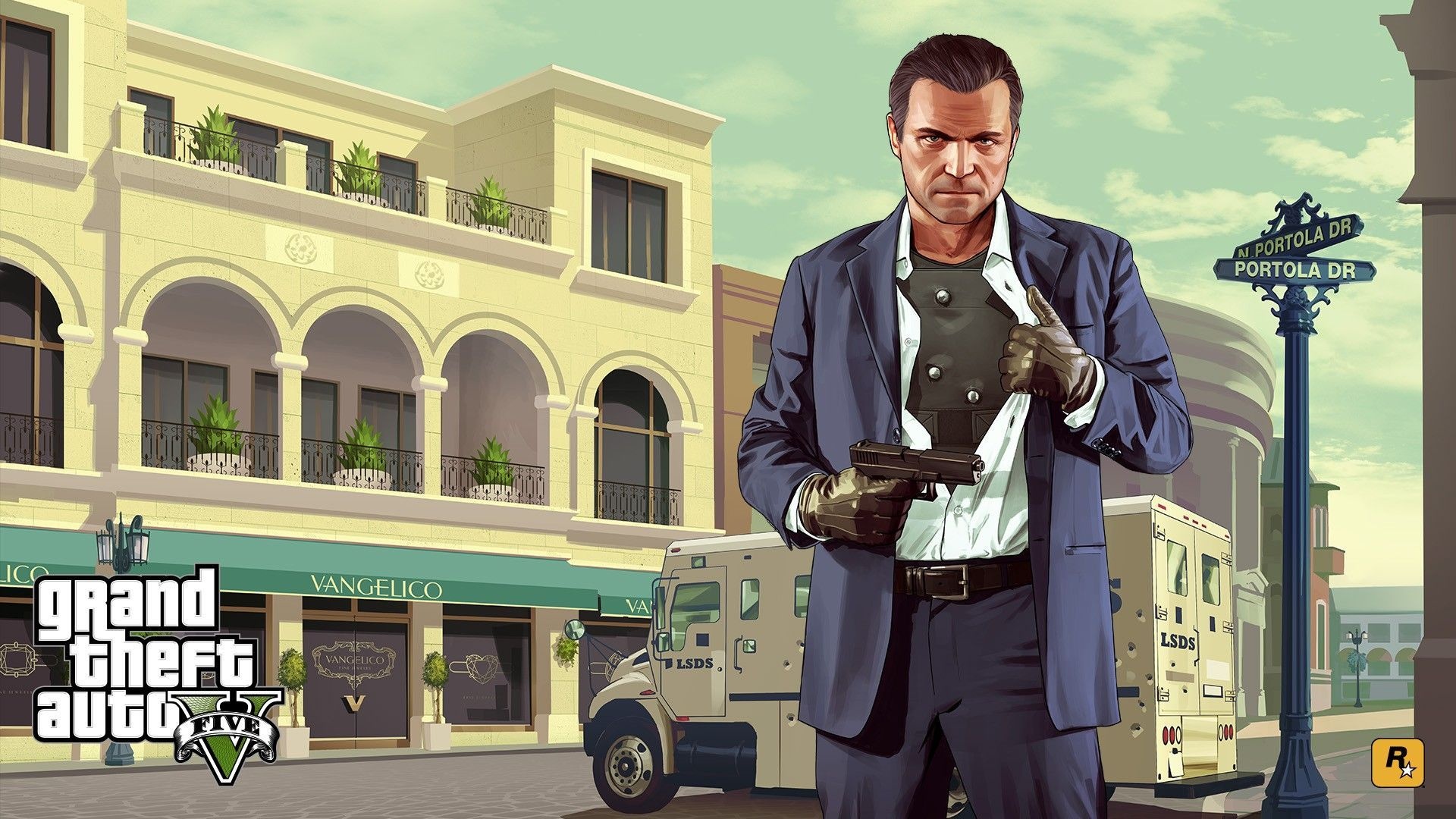 Michael De Santa in blue suit, Vangelico jewelry store, Armored security truck, Grand Theft Auto V logo, Full HD Desktop wallpaper