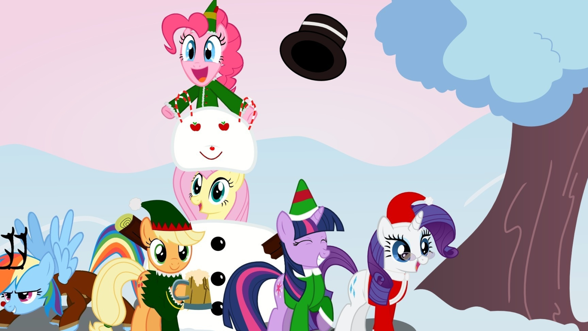 Pinkie Pie, Twilight Sparkle, Rarity and Applejack, Fluttershy and Rainbow Dash, Snowman in winter, Full HD Desktop wallpaper