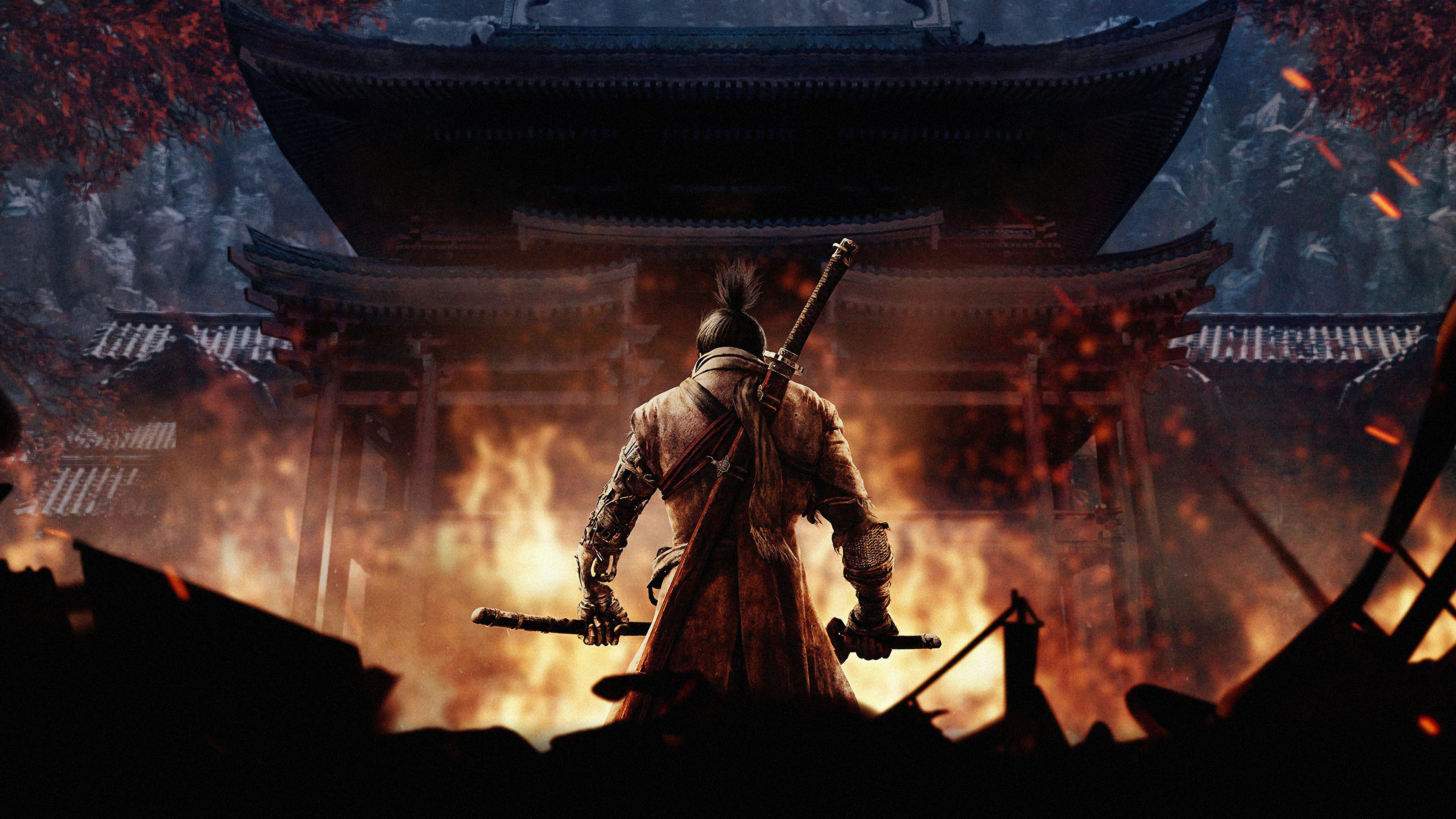 Wolf Sekiro, burning Hirata Estate, Shinobi Prosthetic, 4K Desktop wallpaper