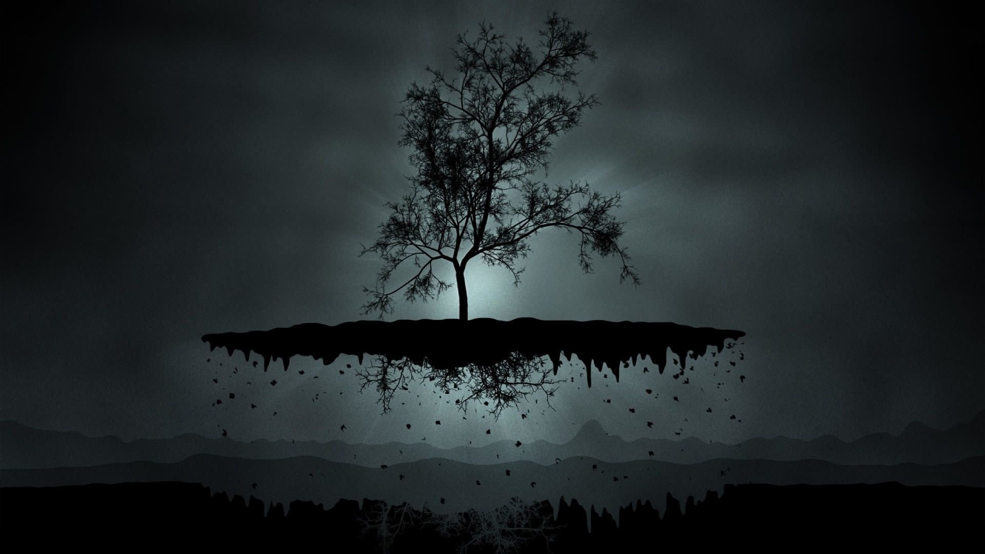 bare tree silhouette, floating island with roots, dark foggy mountain landscape, Full HD Desktop wallpaper