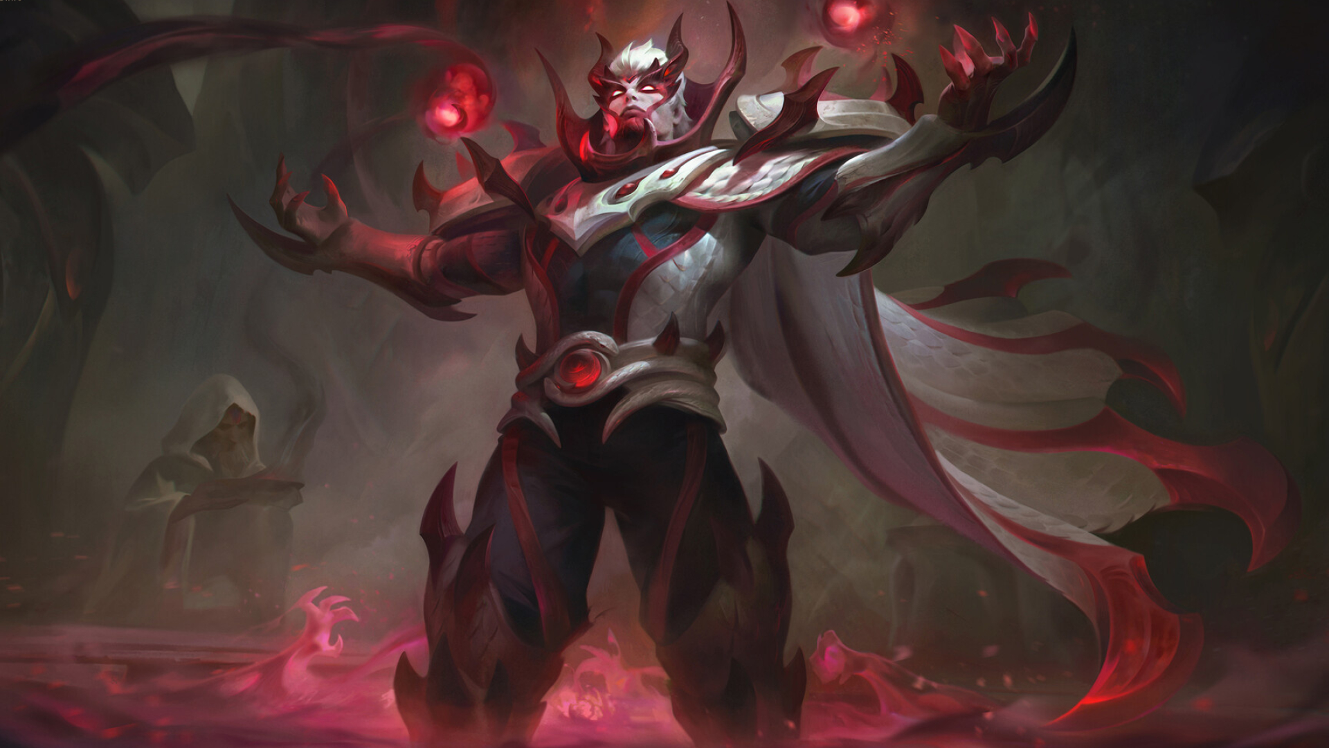 Yu Zhong Blood Serpent, floating crimson energy orbs, hooded kneeling cultist, Full HD Desktop wallpaper