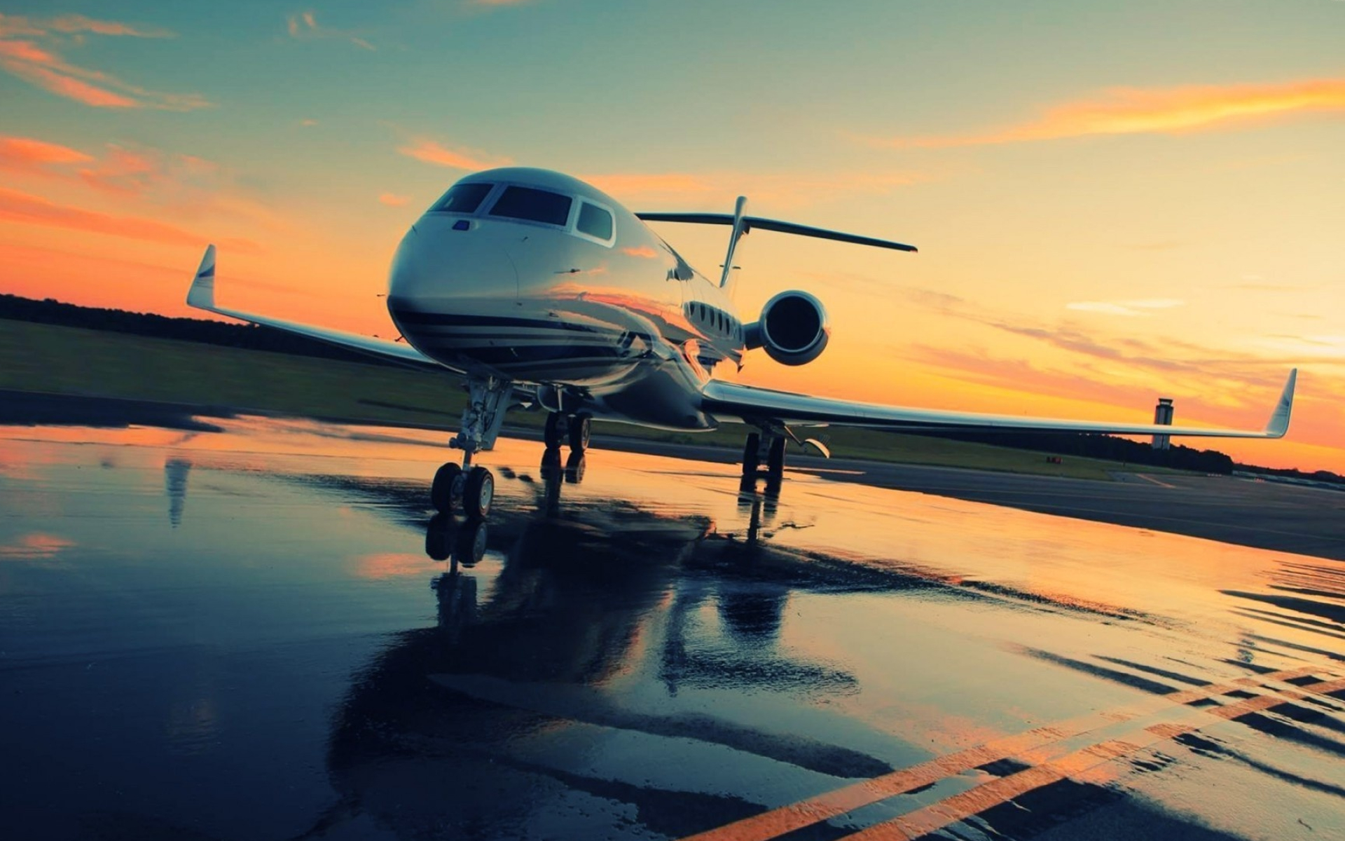 Gulfstream business jet, Wet airport runway reflection, Sunset sky horizon, HD Desktop wallpaper