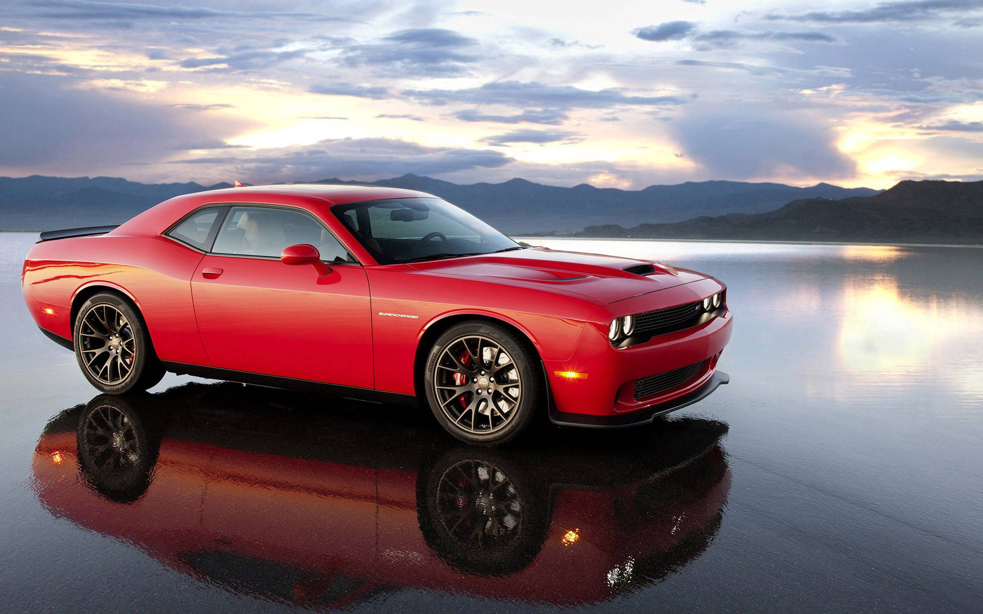 Dodge Challenger SRT Hellcat, Bonneville Salt Flats, wet lake reflection, HD Desktop wallpaper