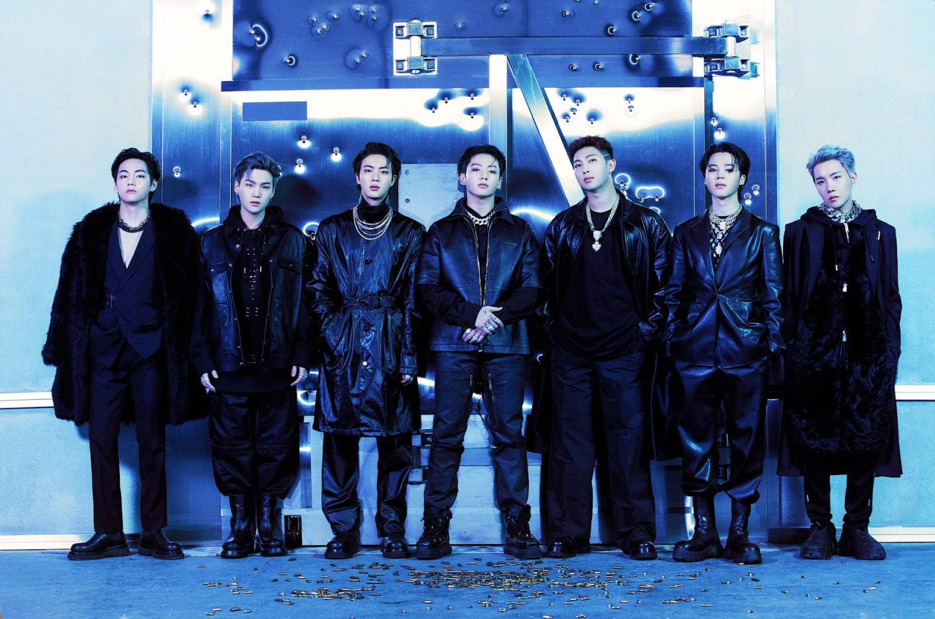BTS group, RM, Jin, Suga, J-Hope, Jimin, V, Jungkook, Proof, Bank vault door, Black leather looks, Blue-lit studio, HD Desktop wallpaper