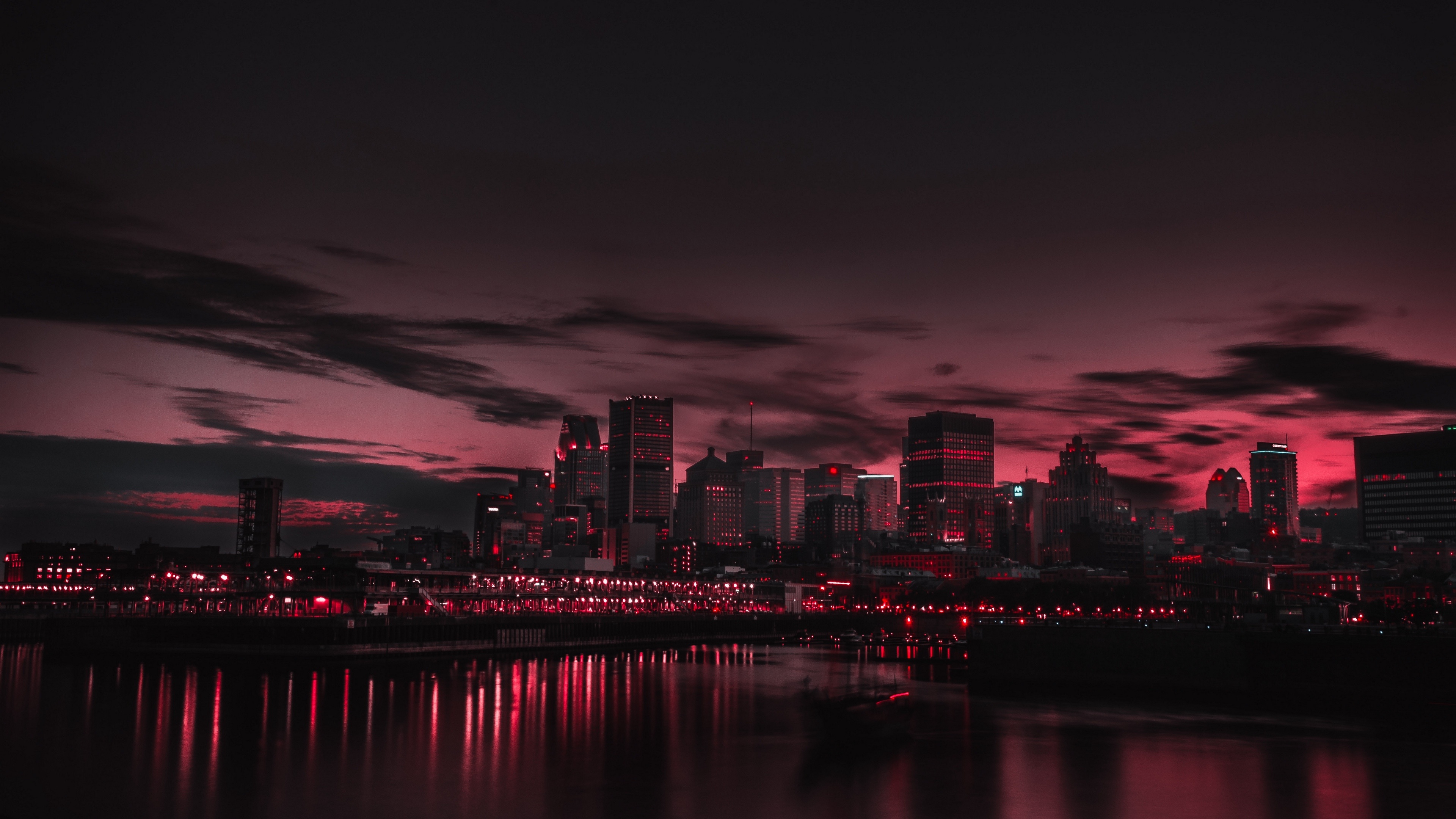 Downtown Montreal skyline, illuminated waterfront reflection, crimson night sky, 4K Desktop wallpaper