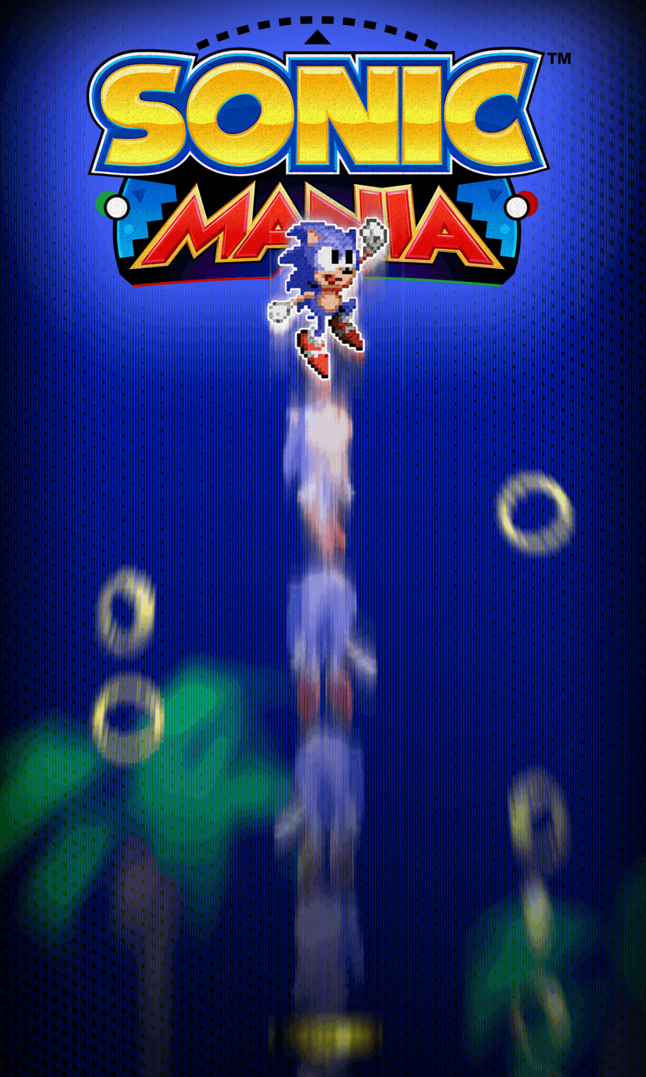 Sonic Mania logo, Sonic the Hedgehog pixel sprite, Golden rings, Blue halftone gradient, HD Phone wallpaper