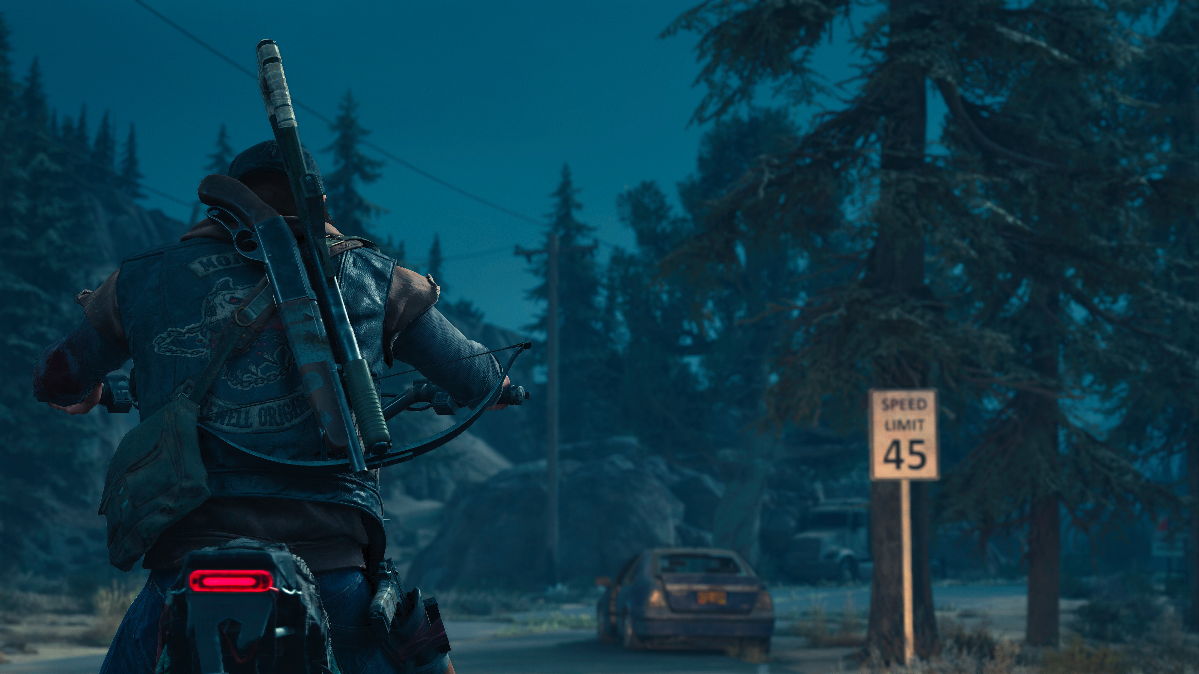 Deacon St. John, SPEED LIMIT 45 sign, drifter motorcycle, 4K Desktop wallpaper