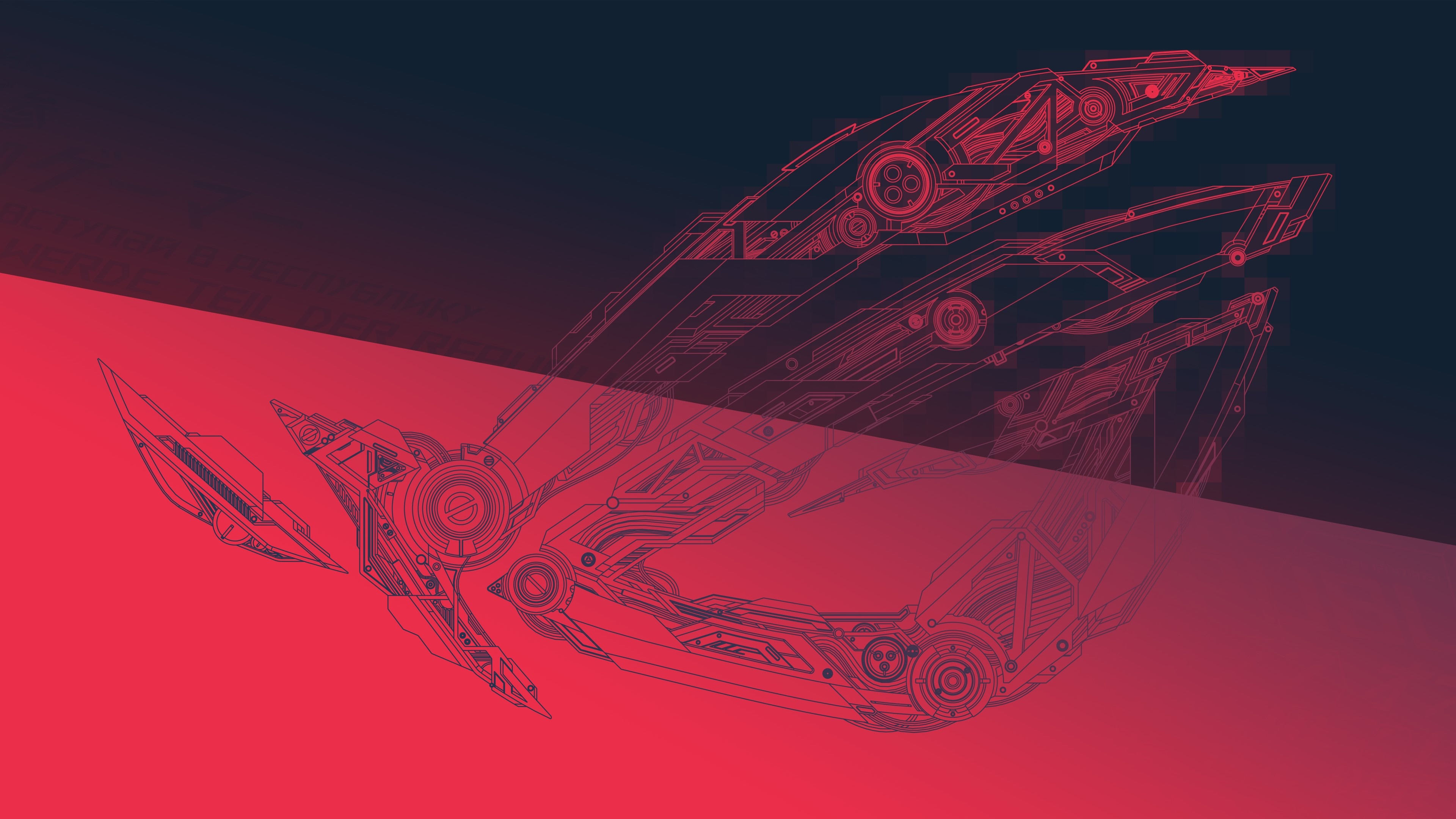 ASUS Republic of Gamers logo, Mechanical wireframe blueprint, Red and navy split field, 4K Desktop wallpaper