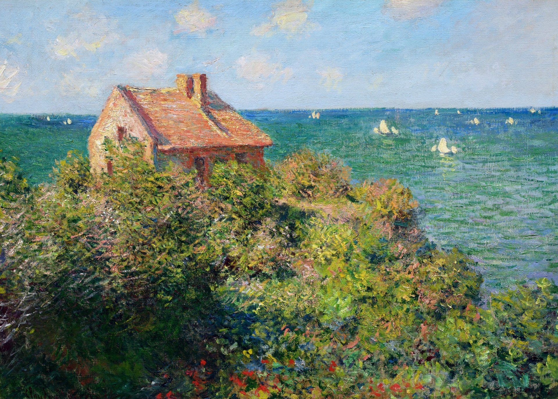 The Customs House at Varengeville, stone cottage on cliff, distant white sailboats, HD Desktop wallpaper