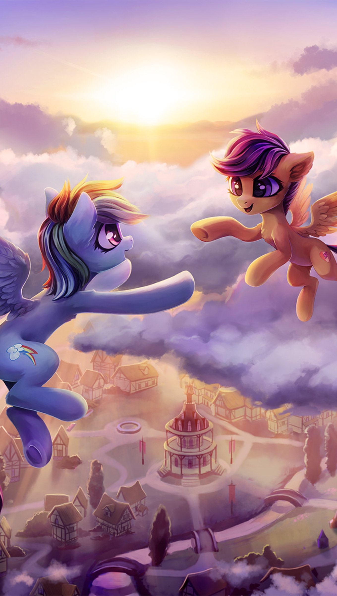 Rainbow Dash, Scootaloo, Ponyville aerial view, HD Phone wallpaper