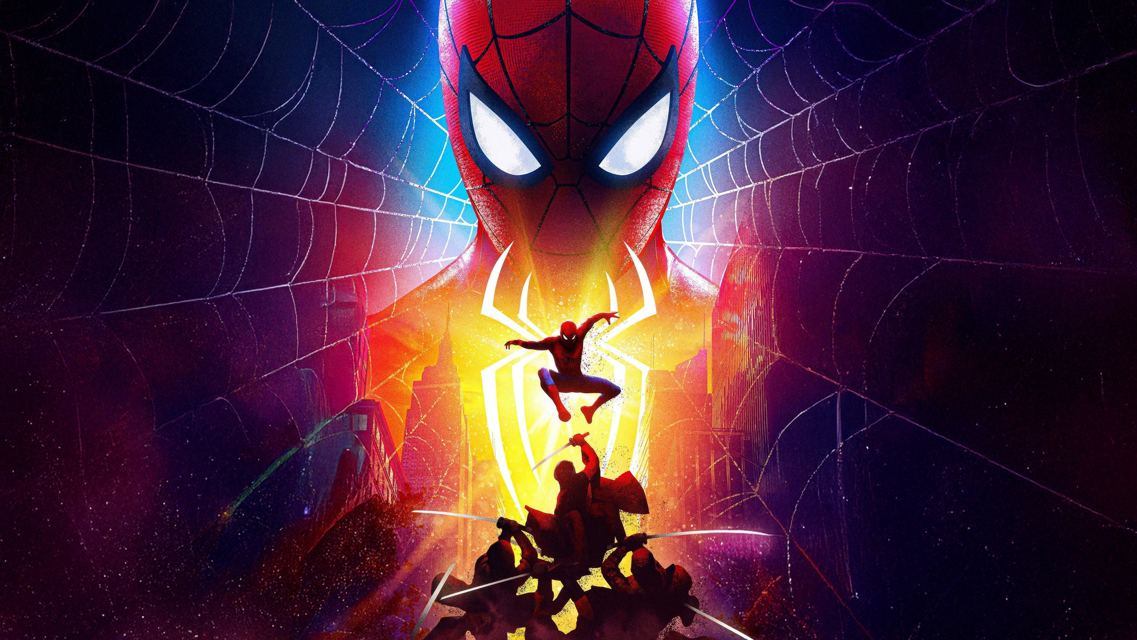 Marvel's Spider-Man, Advanced Suit, Large masked face background, 4K Desktop wallpaper