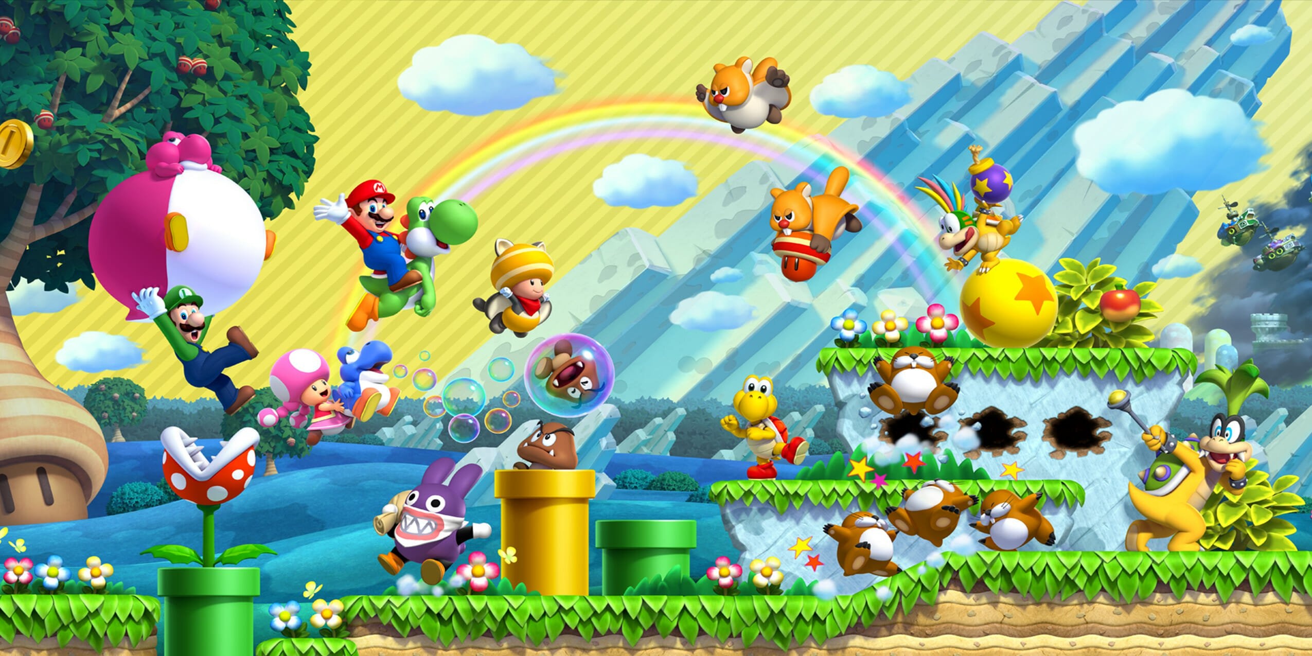 New Super Mario Bros. U Deluxe, Gaming wallpapers, Nintendo platformer, Mario adventure, 2550x1280 Dual Screen Desktop