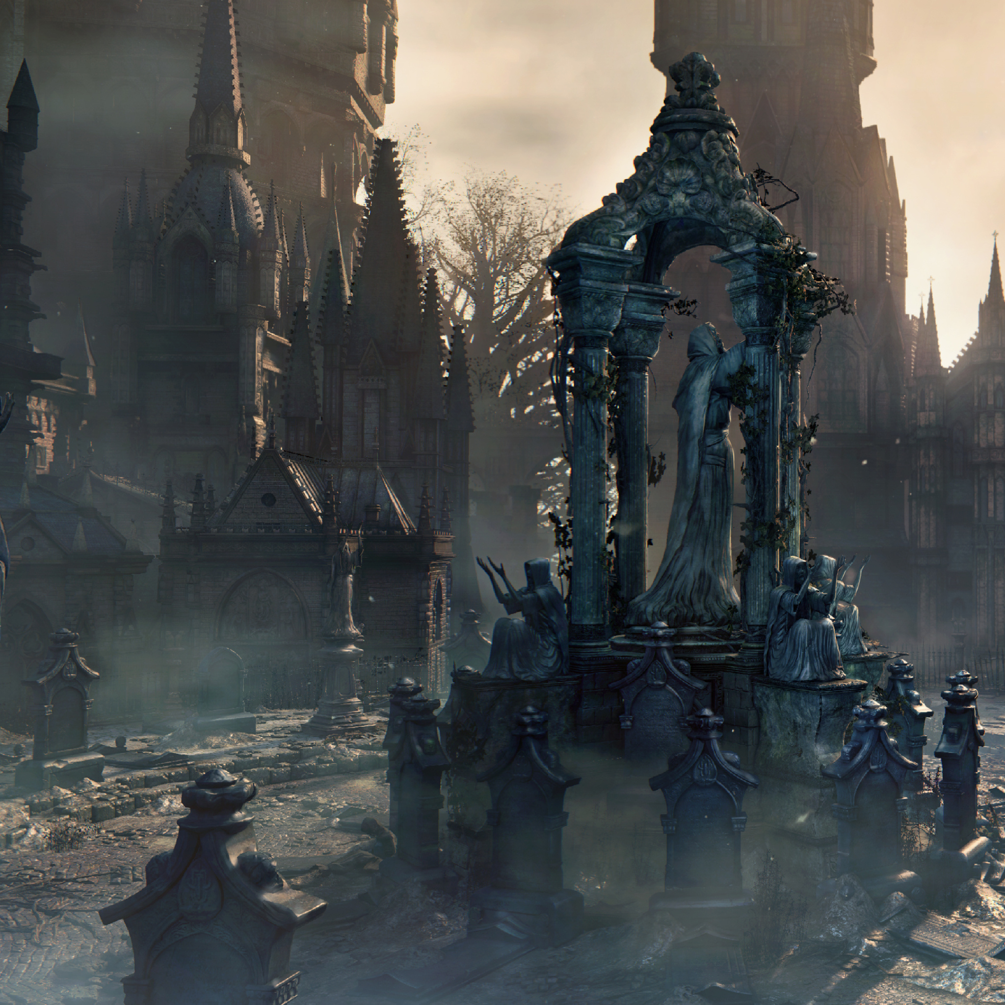Cathedral Ward, Gothic robed statue shrine, Yharnam cemetery tombstones, HD Phone wallpaper