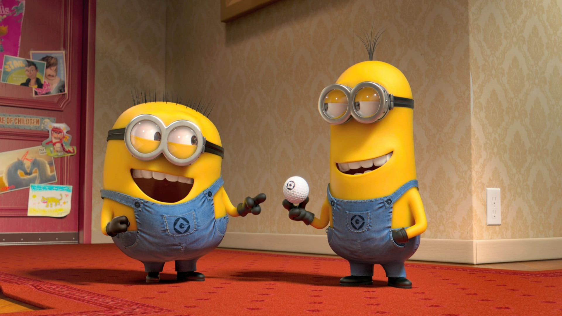 Despicable Me Minions, golf ball, red hallway carpet, Full HD Desktop wallpaper