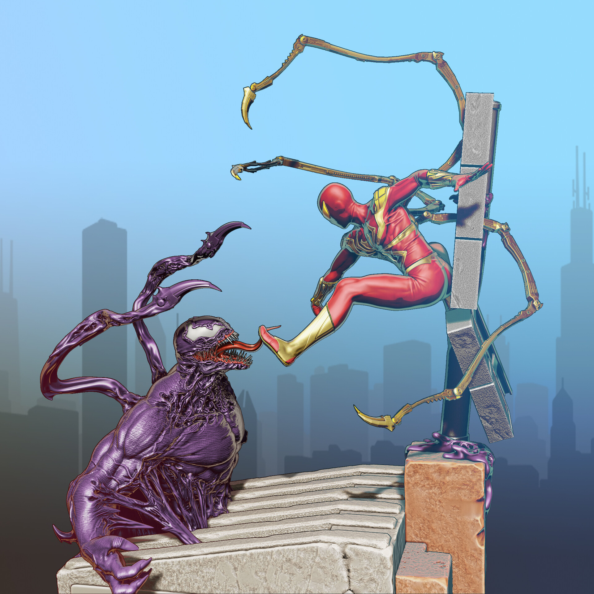 Iron Spider, Venom symbiote, Rooftop battle scene, HD Phone wallpaper
