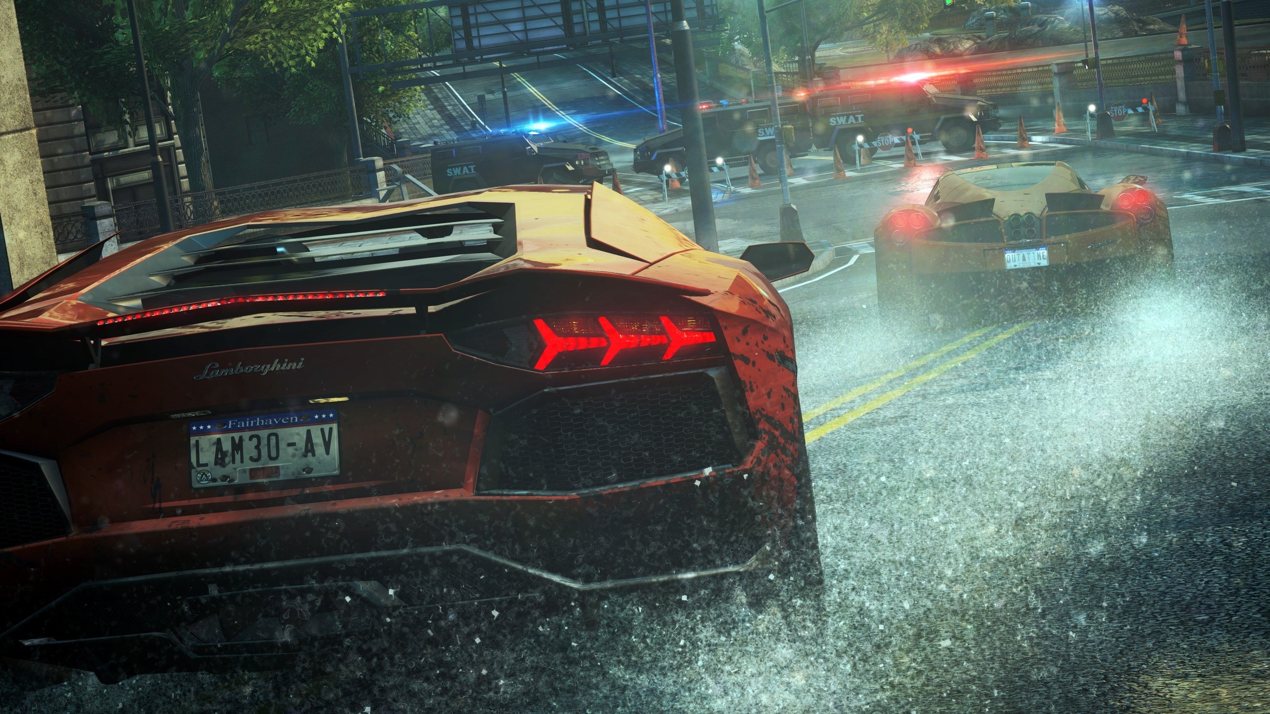Lamborghini Aventador LP 700-4, Pagani Huayra, SWAT roadblock trucks, Fairhaven city street, HD Desktop wallpaper