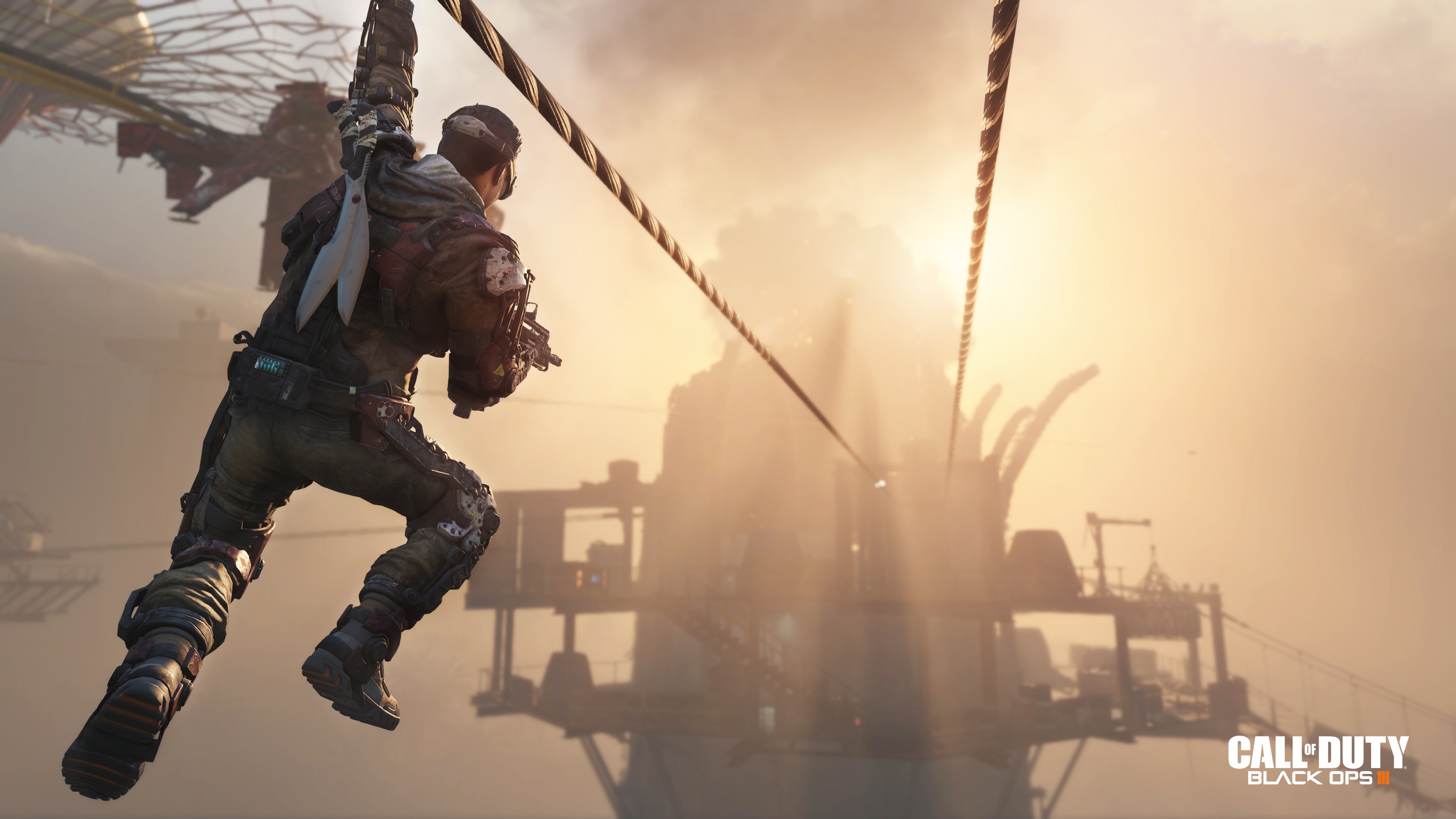 Call of Duty: Black Ops III, Ziplining cybernetic soldier, Offshore industrial platform, 4K Desktop wallpaper