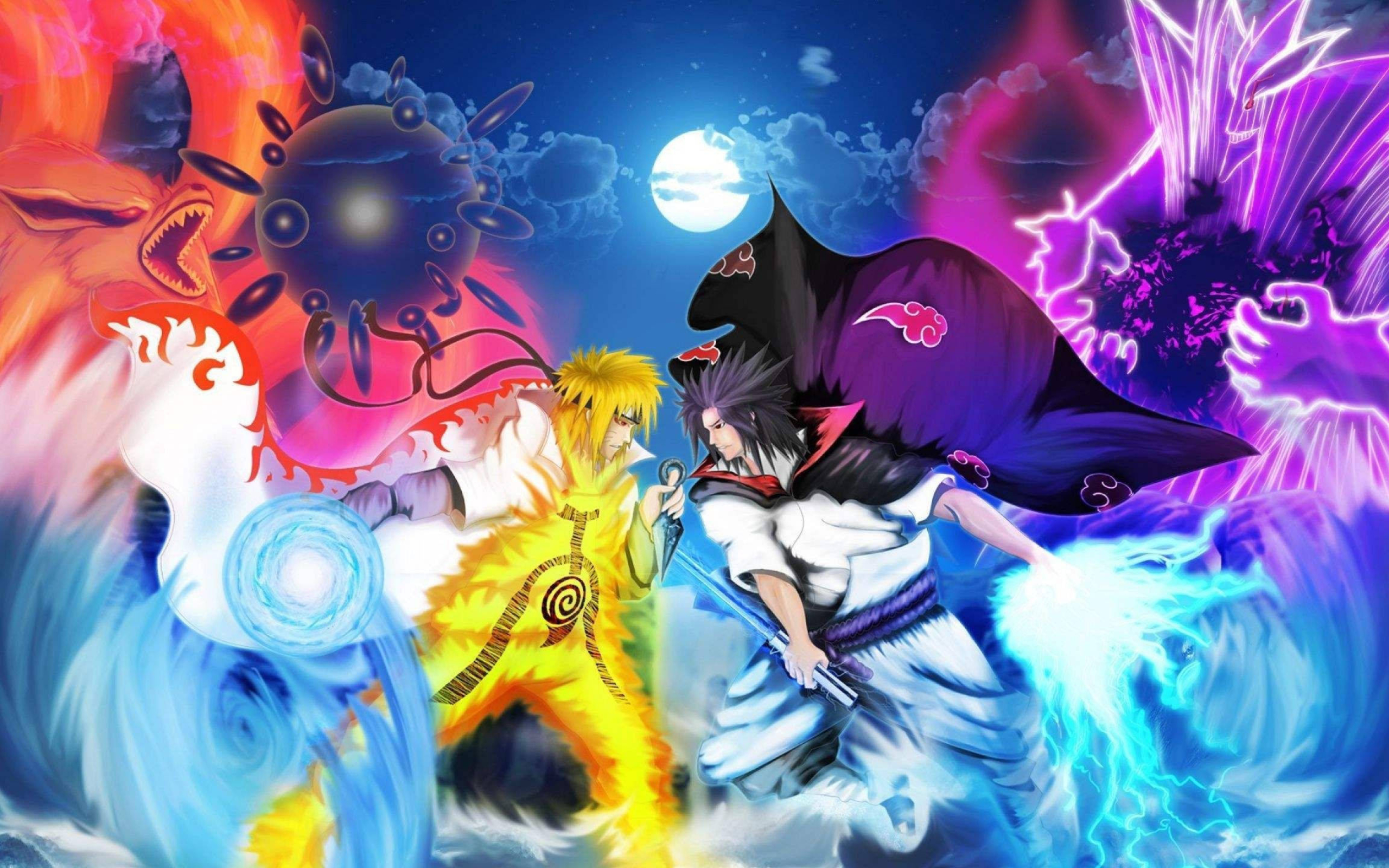 Sasuke Uchiha, Sasuke's Susanoo, Naruto Uzumaki Nine-Tails Mode, Kurama Nine-Tails avatar, Chidori vs Rasengan, HD Desktop wallpaper