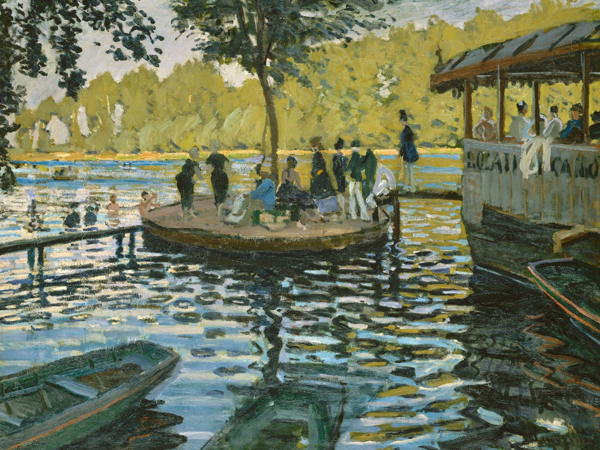 Claude Monet's La Grenouillere, camembert floating islet, rowboats on Seine, HD Desktop wallpaper