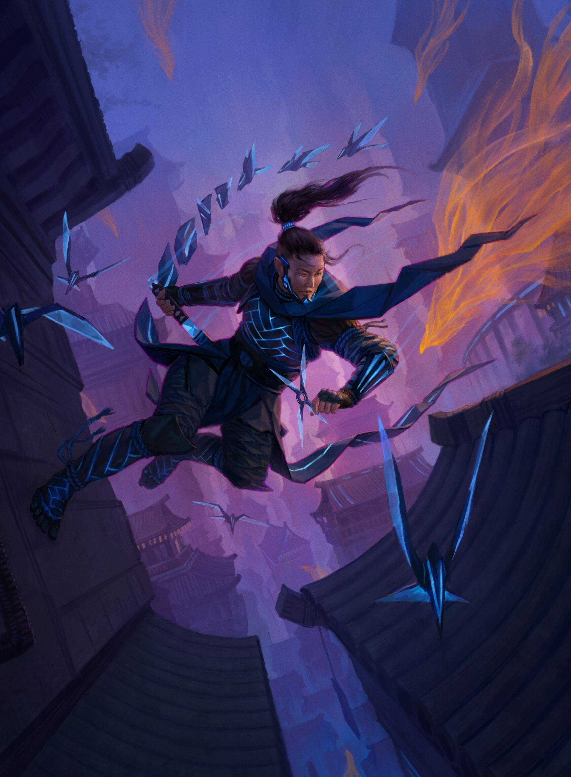 Leaping fantasy ninja warrior, Traditional pagoda rooftops, Glowing blue origami birds, HD Phone wallpaper
