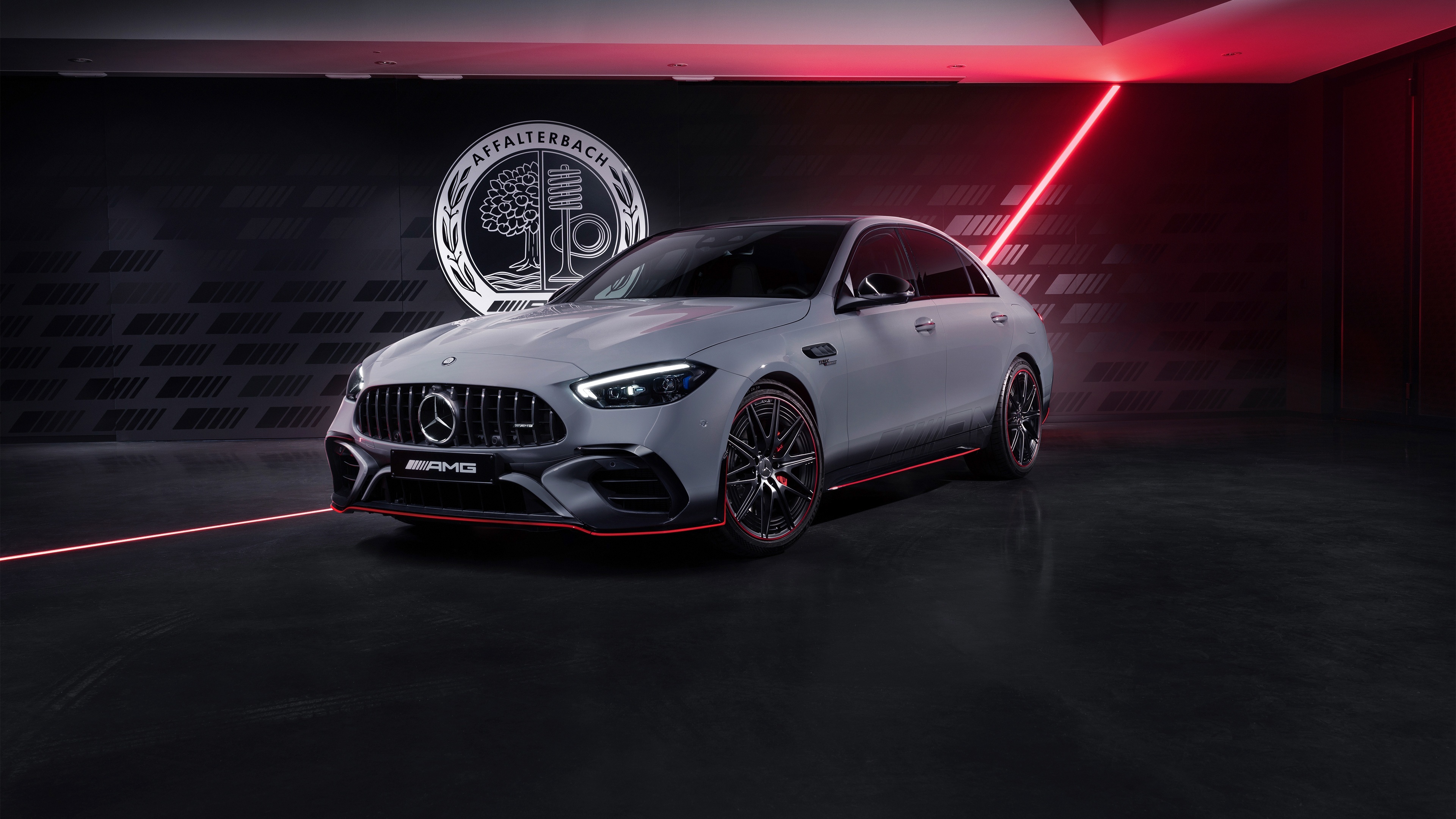 Mercedes-AMG C 63 S E Performance, Affalterbach crest logo, Red neon studio lighting, 4K Desktop wallpaper