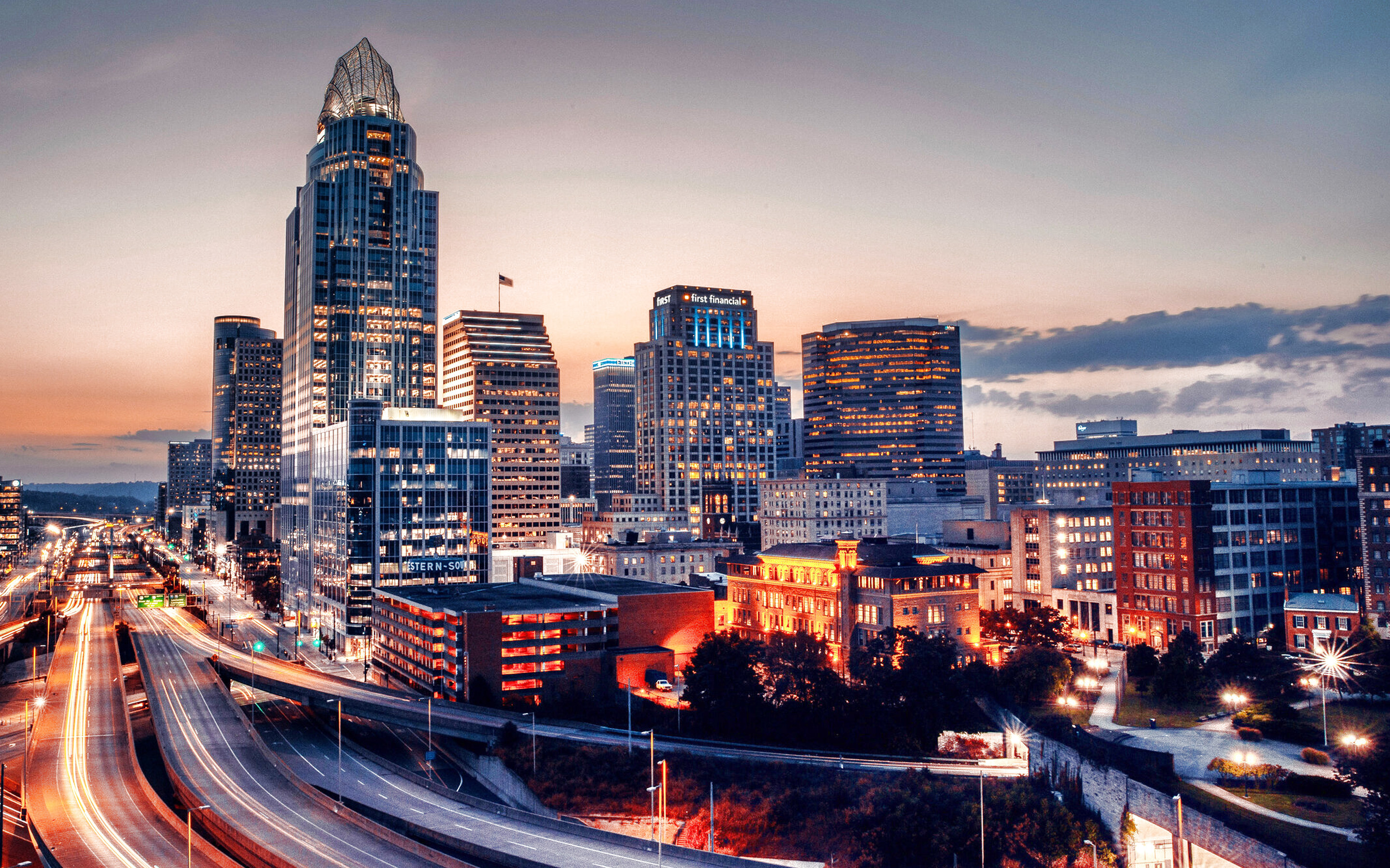 Cincinnati, Great American Tower, Skyscrapers sunset, Panorama, 2880x1800 HD Desktop