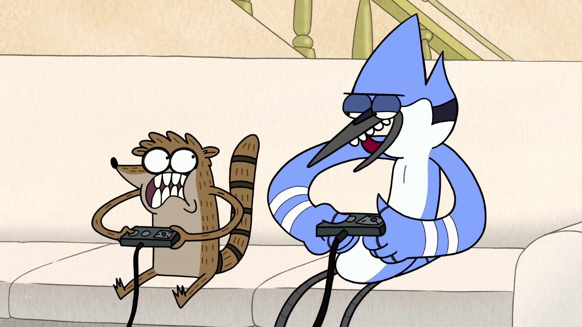 Mordecai wearing sunglasses, Rigby gripping game controller, Couch gaming session, Regular Show, Full HD Desktop wallpaper