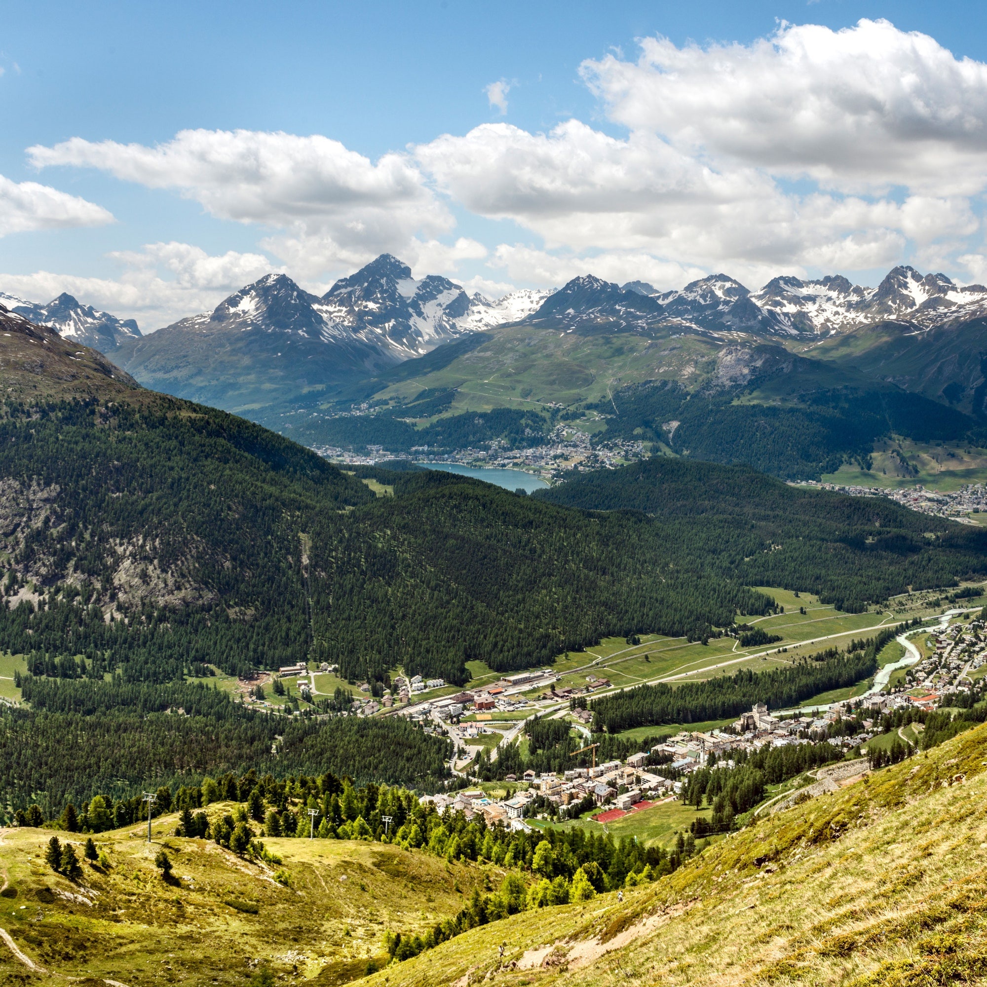Engadin valley panorama, Lake St. Moritz, Swiss Alps mountain range, HD Phone wallpaper