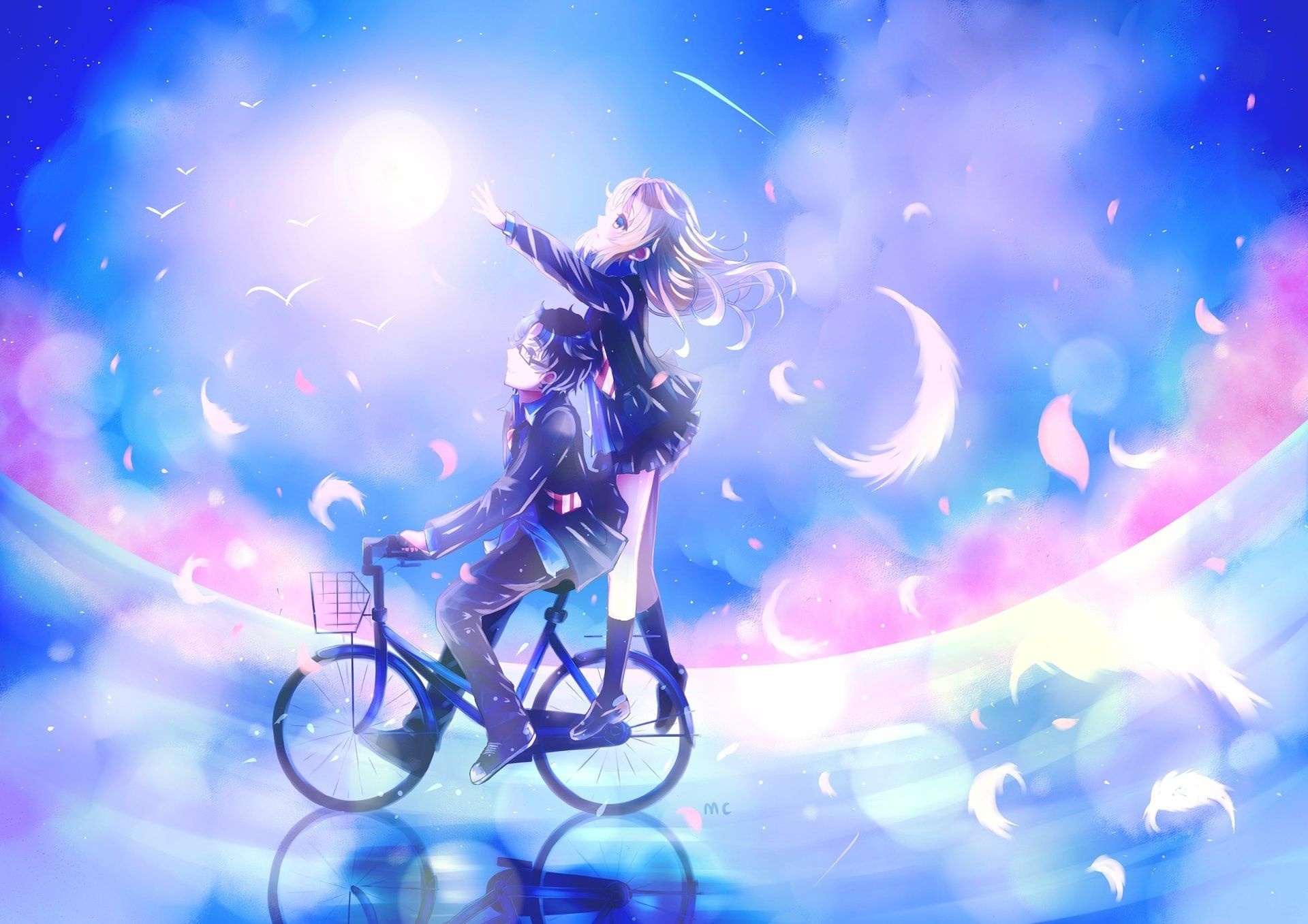 Kaori Miyazono, Kousei Arima, Bicycle under moonlit sky, HD Desktop wallpaper
