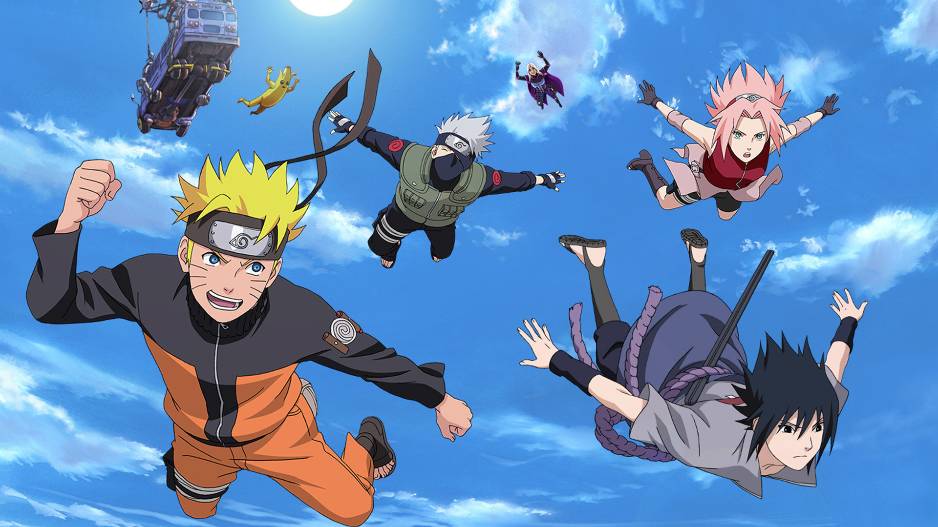 Naruto Uzumaki, Sasuke Uchiha, Kakashi Hatake, Sakura Haruno, Fortnite Battle Bus, Full HD Desktop wallpaper