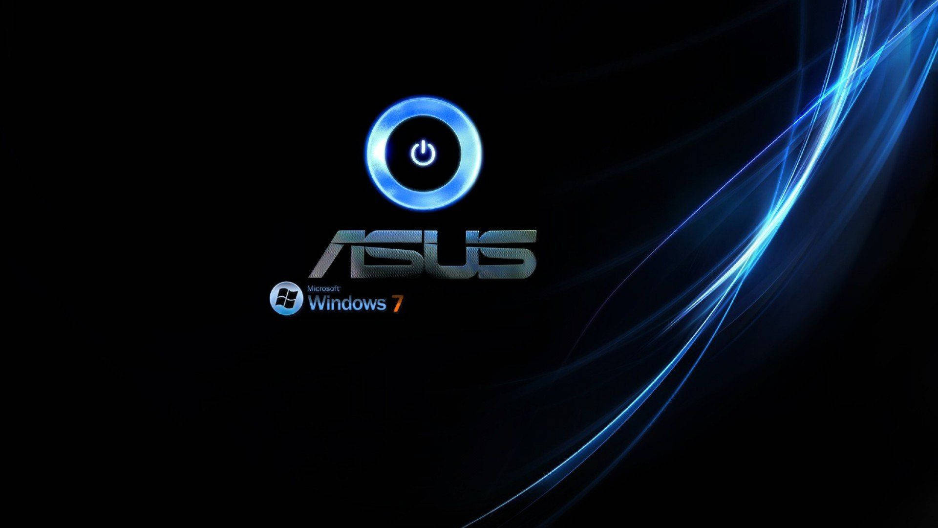 ASUS logo, Microsoft Windows 7 logo, glowing blue power button, Full HD Desktop wallpaper