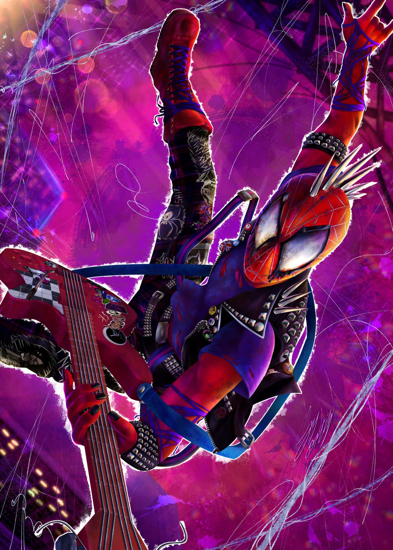 Across the Spider-Verse, Spider-Punk (Hobie Brown), Upside-down guitar leap, Spiked mohawk mask, Neon pink lighting, HD Phone wallpaper