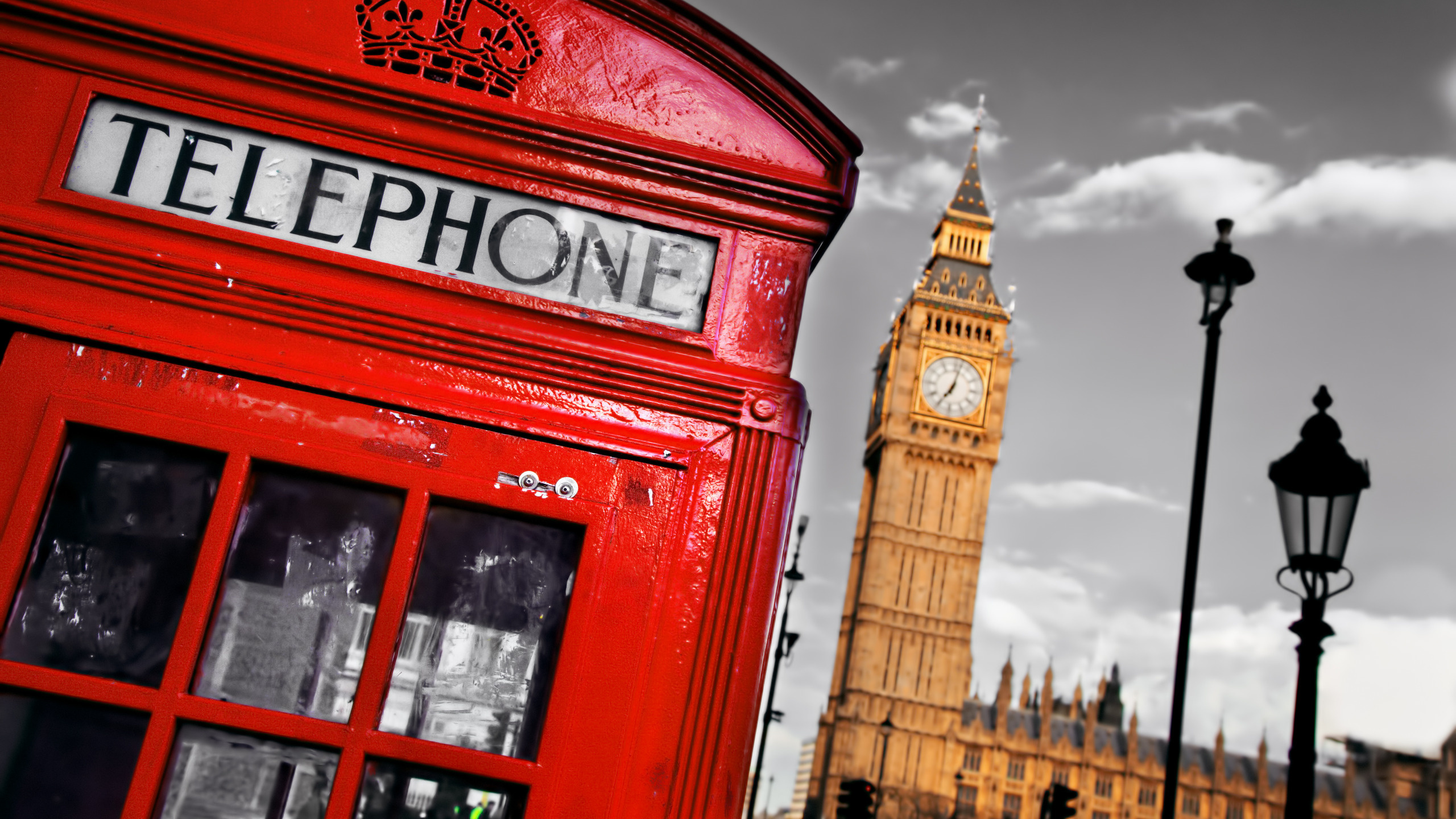 Red telephone booth, Palace of Westminster, Canary Wharf, British Flag, 2560x1440 HD Desktop