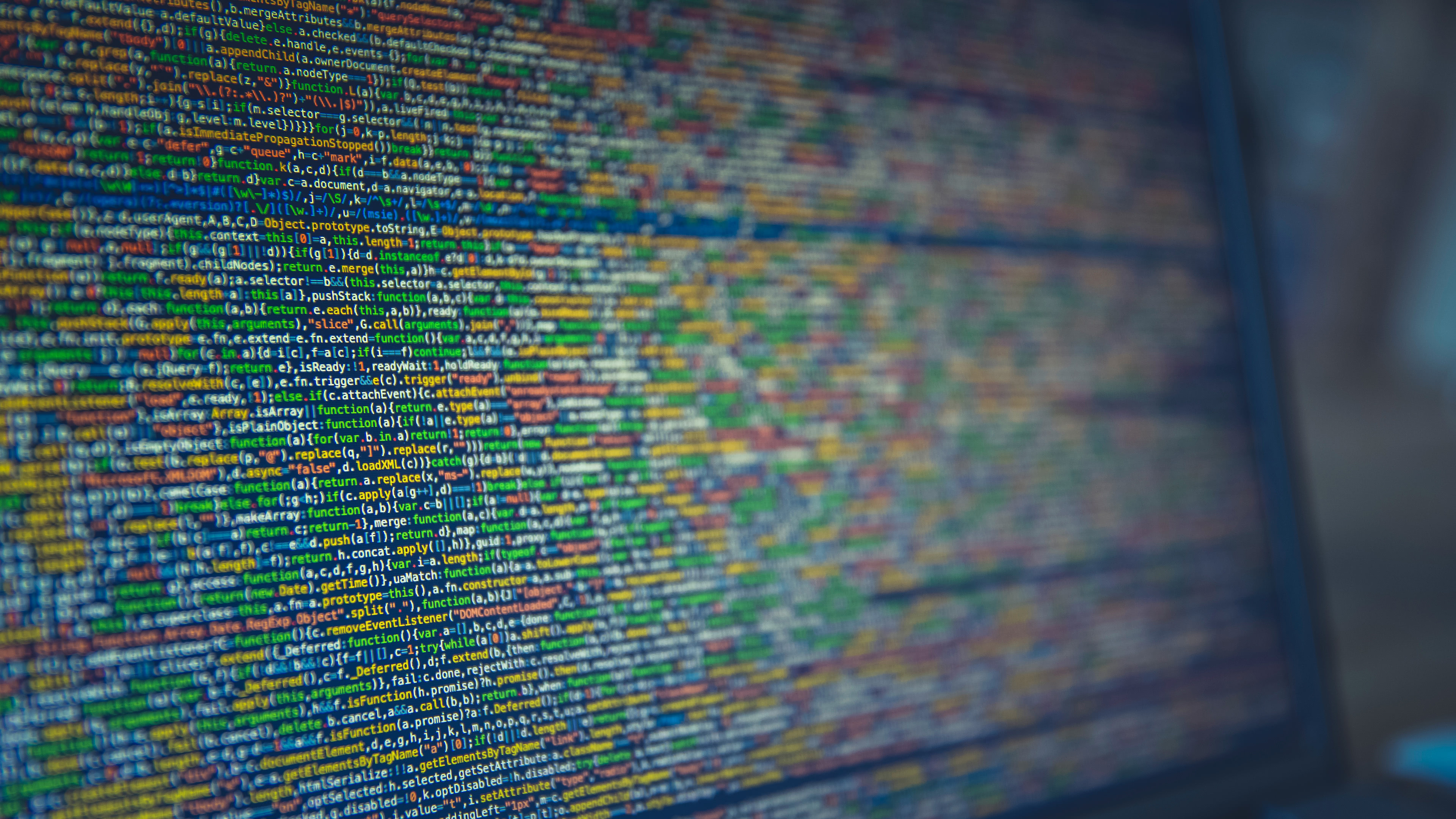 Minified jQuery JavaScript code, Computer monitor screen, Syntax highlighting, 4K Desktop wallpaper