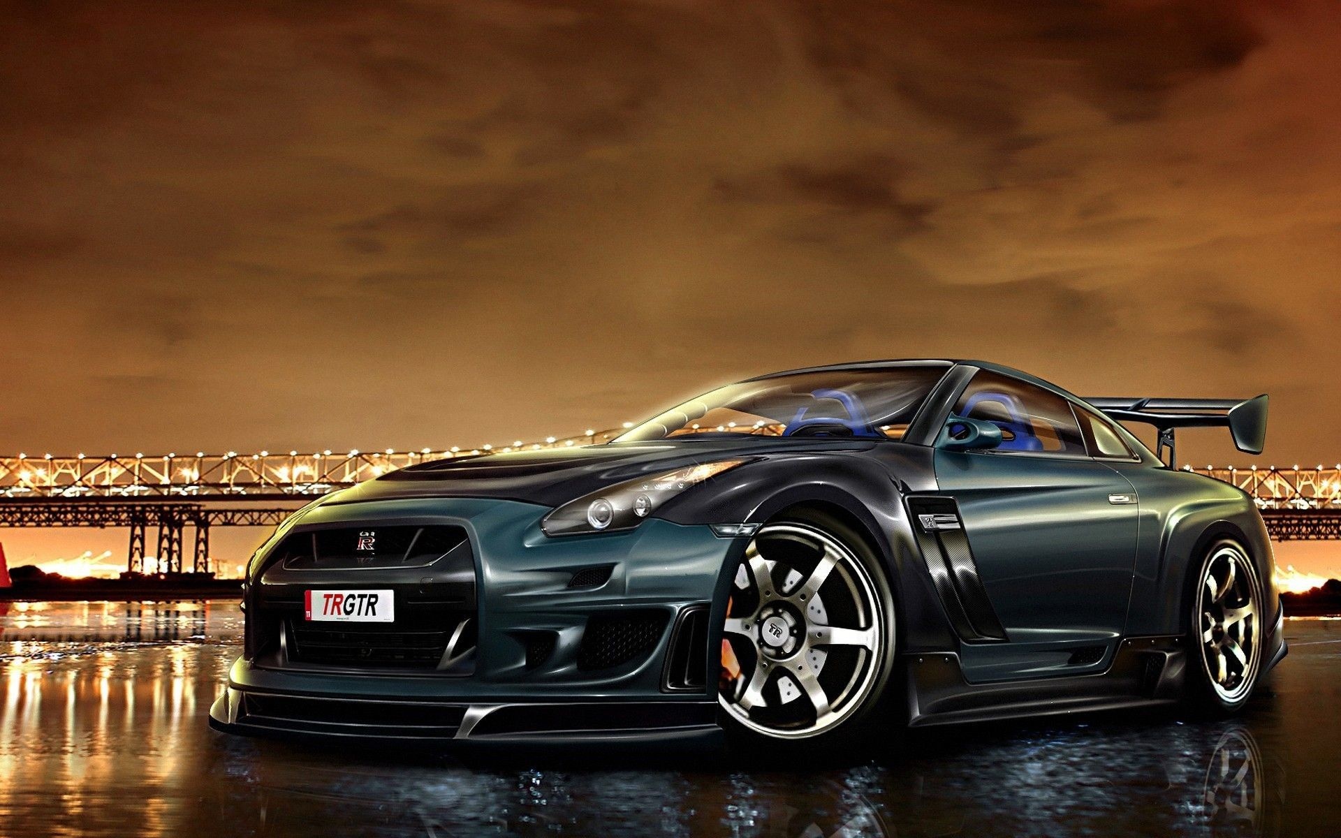 Tommykaira Nissan GT-R R35, TRGTR license plate, illuminated truss bridge, HD Desktop wallpaper