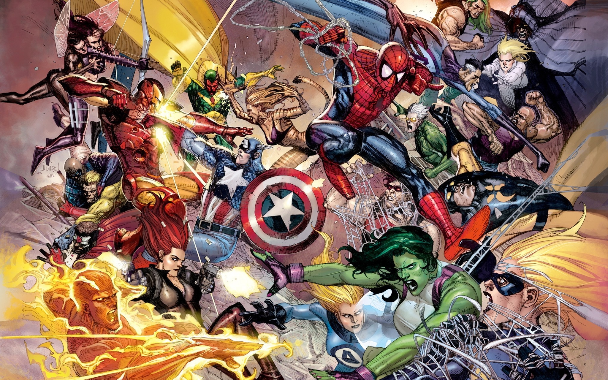 Spider-Man leaping, Captain America with shield, Iron Man firing repulsor, She-Hulk and Invisible Woman, Marvel Civil War battle, HD Desktop wallpaper
