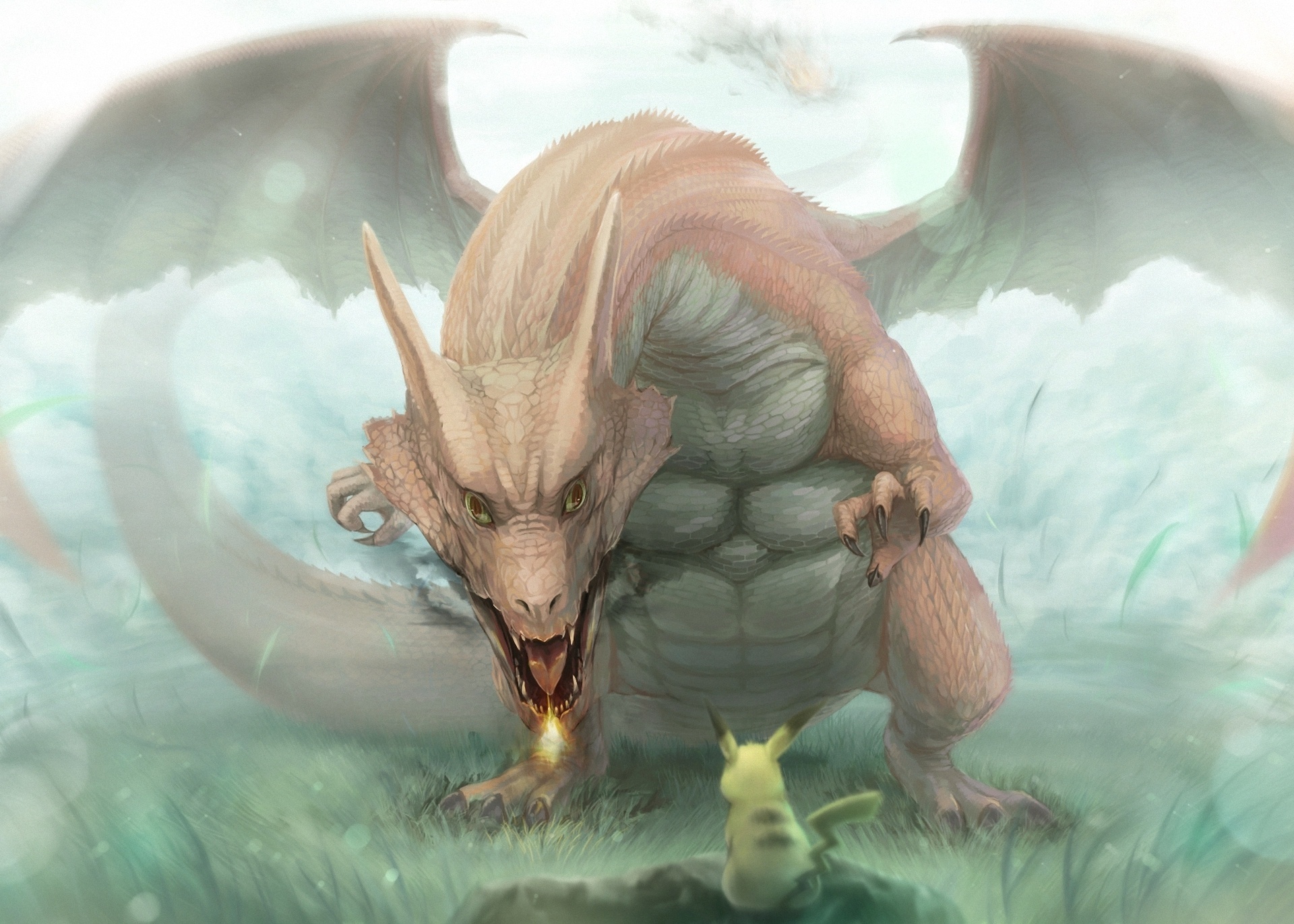 Realistic Charizard, Pikachu, Misty grassy field, HD Desktop wallpaper