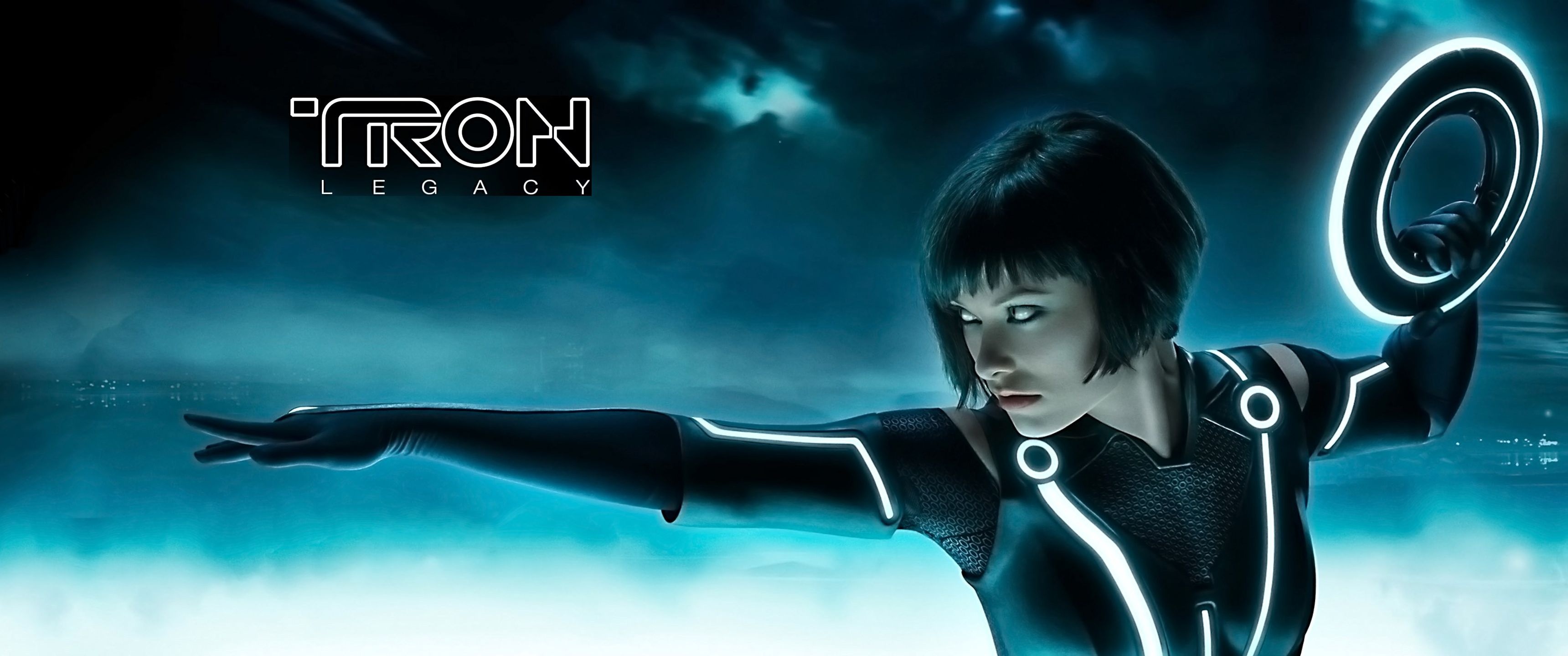 Olivia Wilde as Quorra, Tron: Legacy logo, Glowing identity disc, Dual Screen Desktop wallpaper
