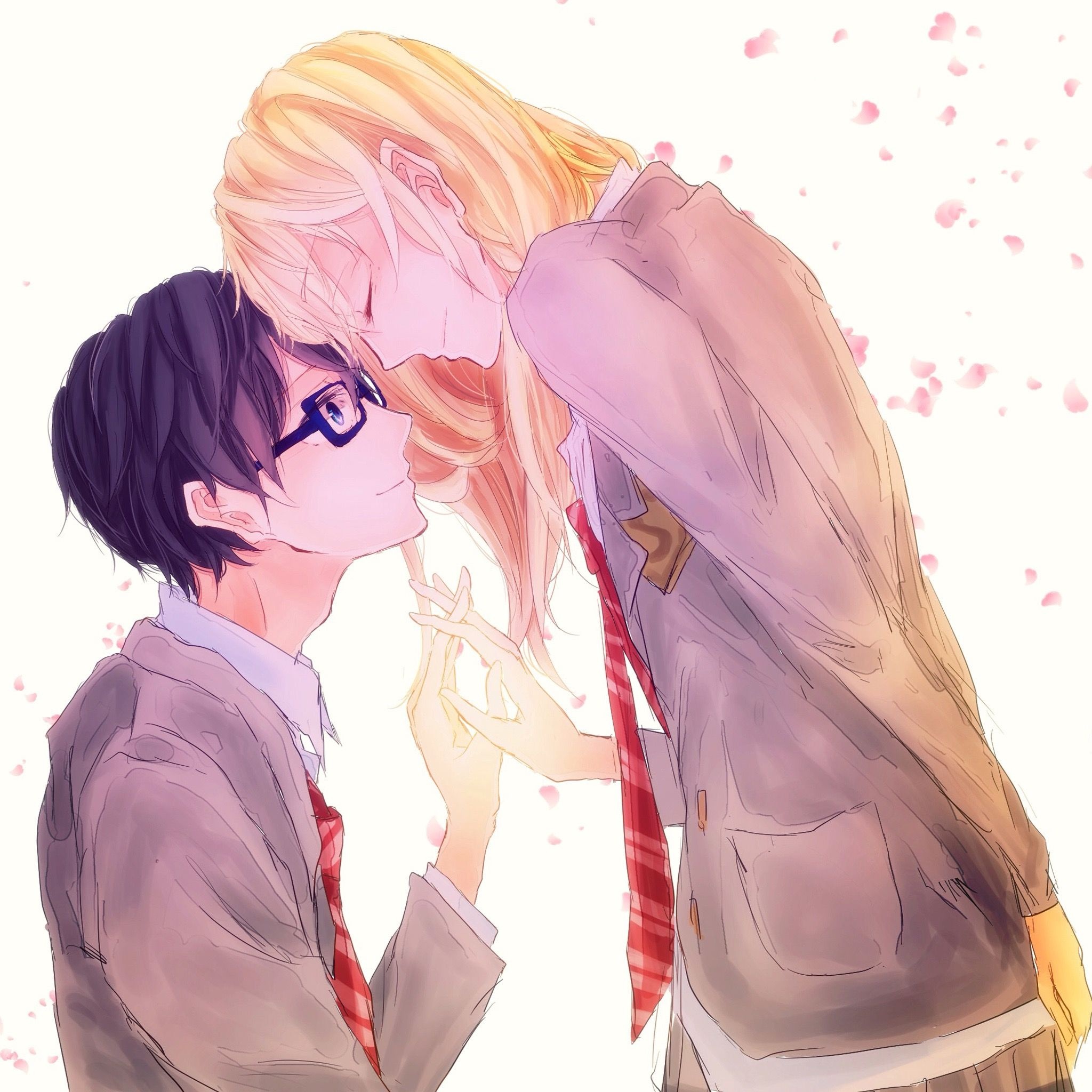 Kousei Arima, Kaori Miyazono, Falling cherry blossom petals, HD Phone wallpaper