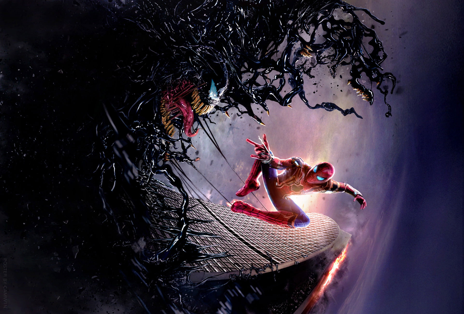 Iron Spider Spider-Man, Venom symbiote tendrils, Curved metal mesh platform, HD Desktop wallpaper